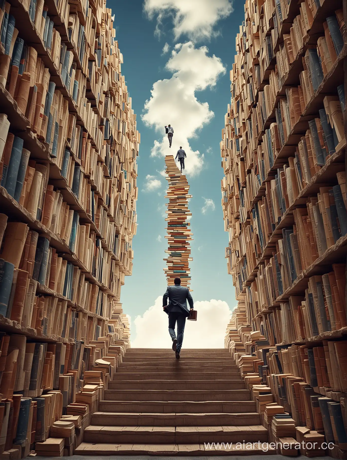 бизнесмен поднимается вверх к небу по лестнице из книг а вокруг бизнес-центры