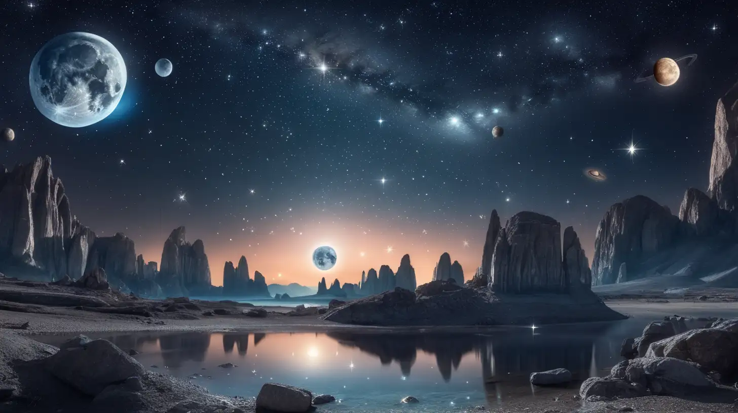 Beautiful night scene with stars, planets and the moon