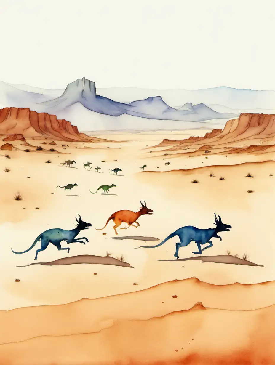 Chupacabras in Minimalist Watercolor Sprint Across Picturesque Desert