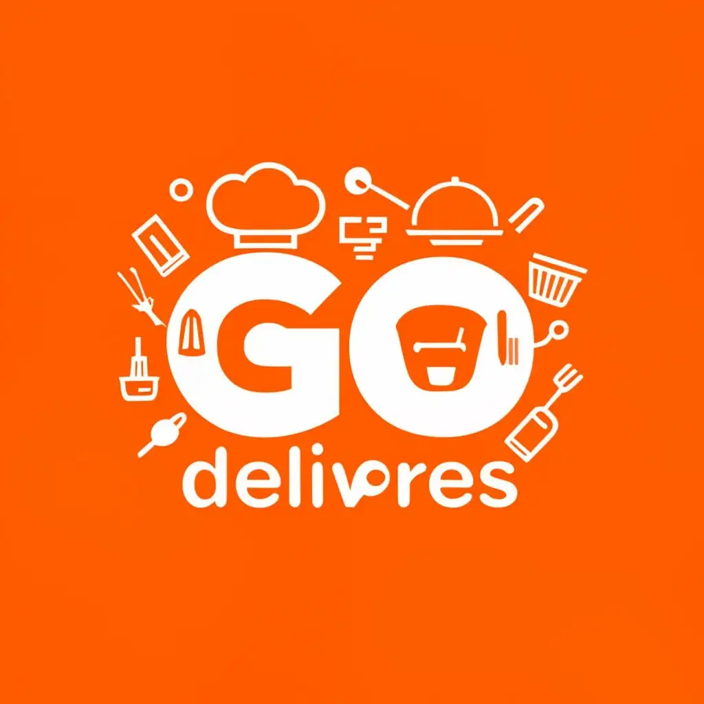 a logo design,with the text "GoDeliveries", main symbol:kitchen equipments forming the word GO. Orange in color.,complex,be used in Restaurant industry,clear background