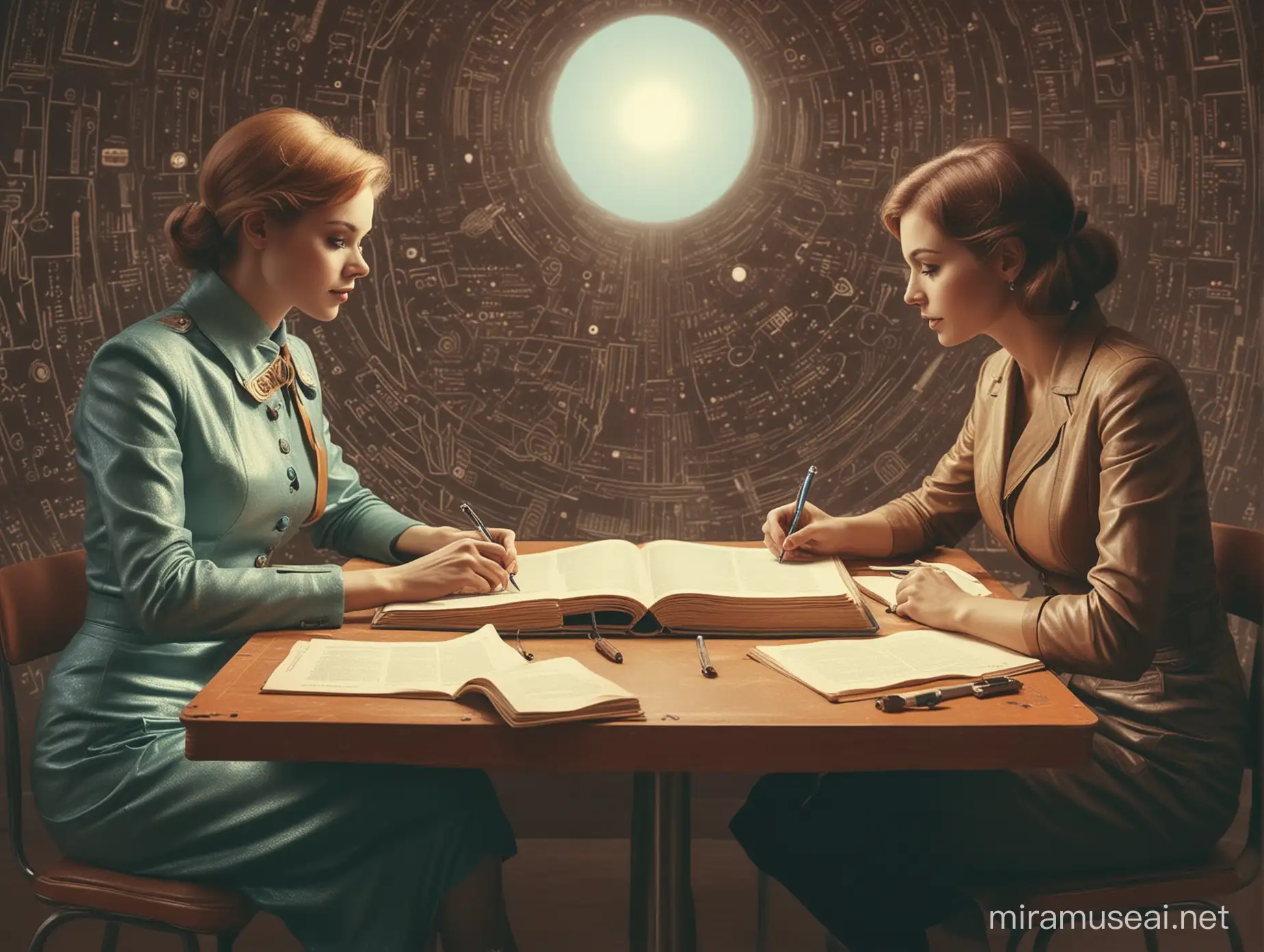 In the style of 1960s retrofuturism, have two people, one woman and one man, sitting at table and writing something to a thick old book.