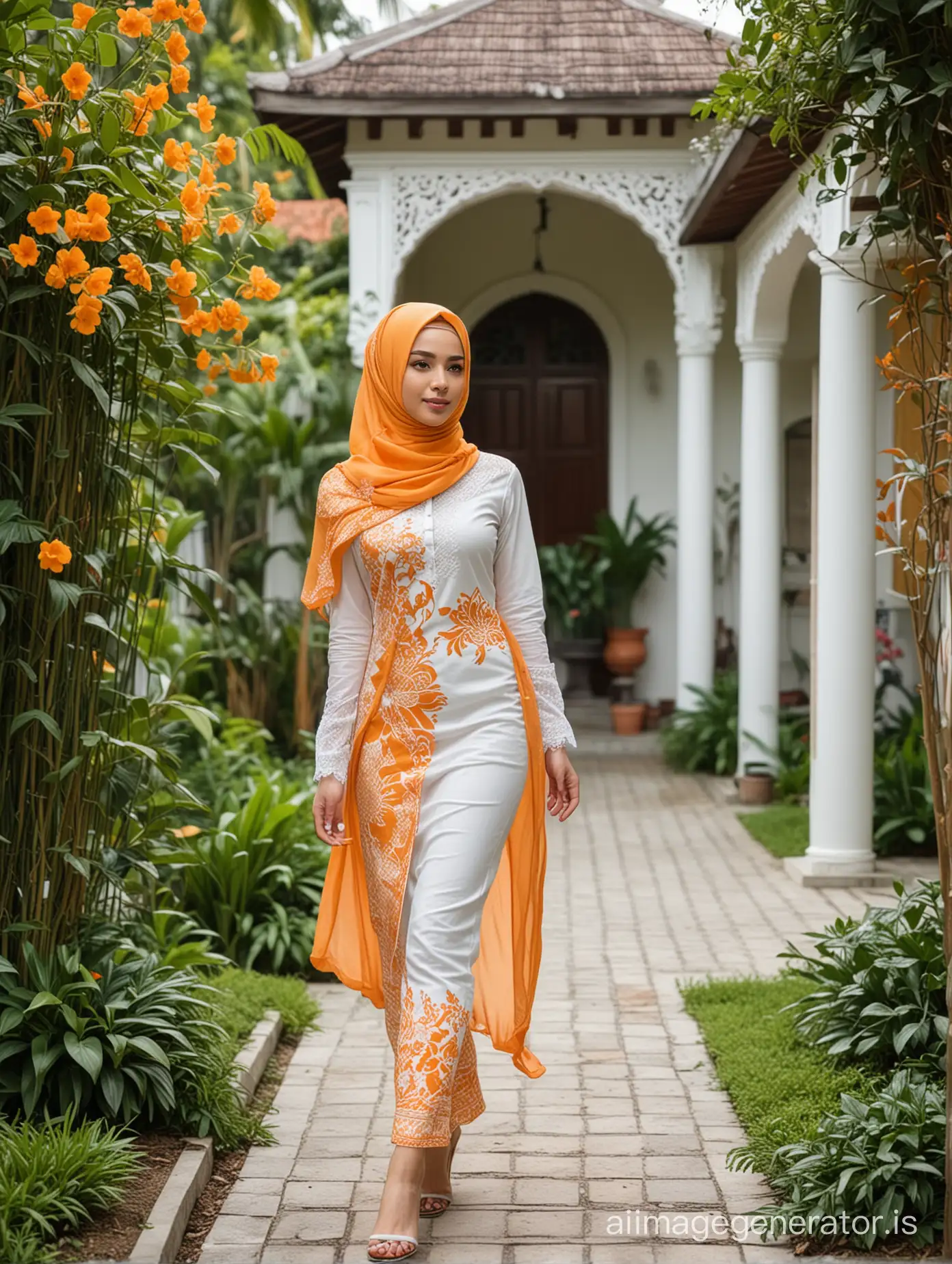 A beautiful girl with a hijab, smooth white skin, white and orange kebaya walking on the garden of a beautiful house
