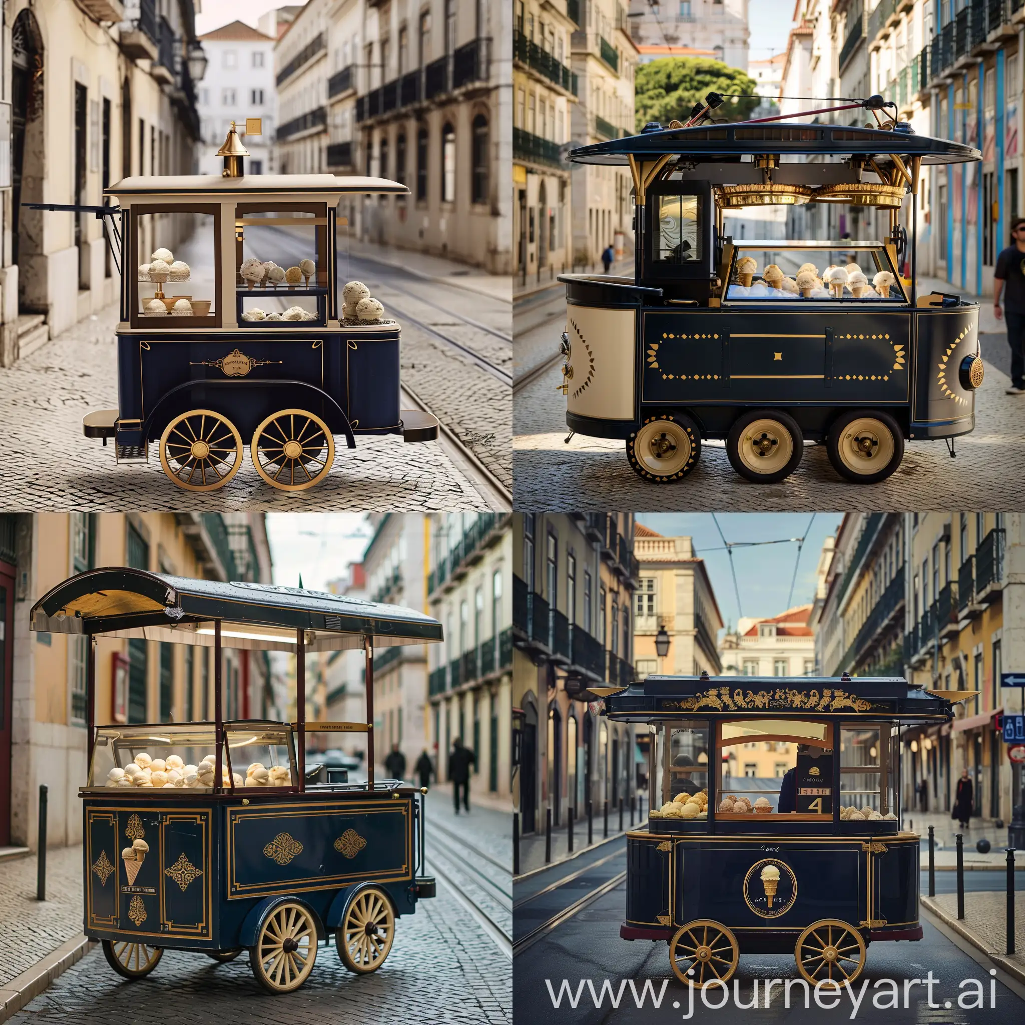 тележка для продажи мороженого на улице, цвет темно синий + золото+крем, бэкграунд улица лиссабона, стиль старый трамвай