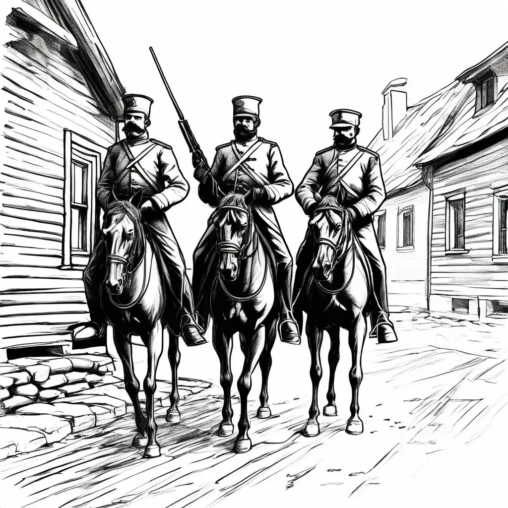two russian empiry cavalry soldiers trapping rebel man in revolution of 1905, in small Latvian town, black and white line art minimalistic sketch