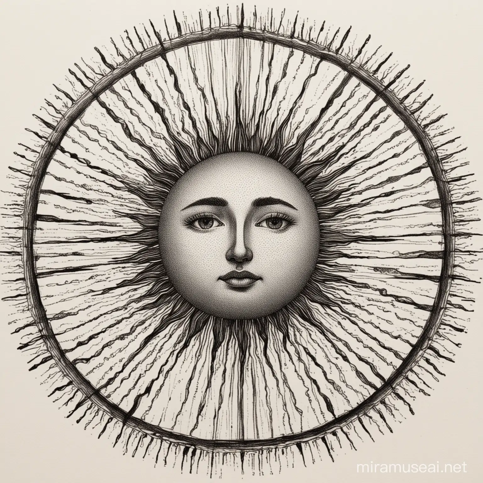 A black and white ink drawing of the sun with lines. Do not include a face in the middle.
