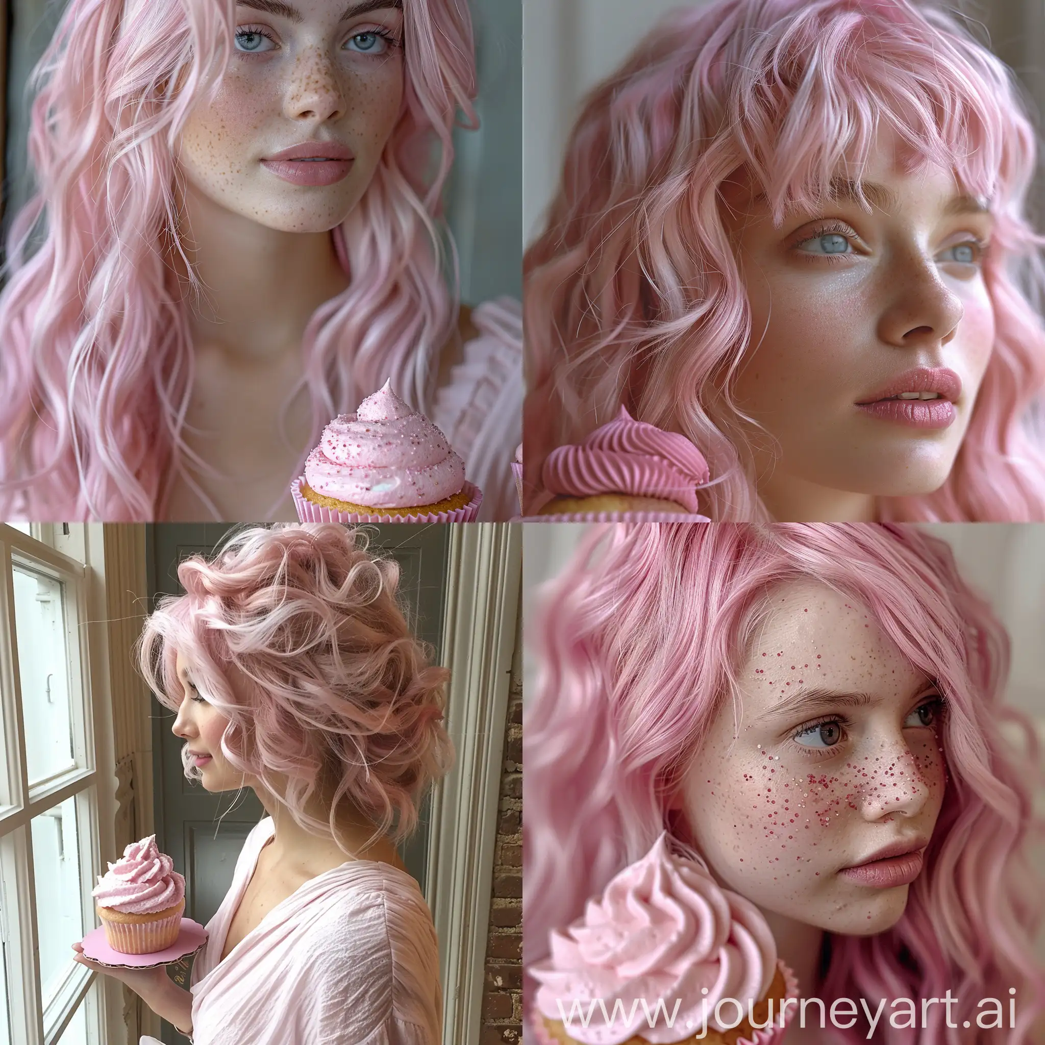 Whimsical-Pink-Hair-Woman-Holding-Pink-Cupcake