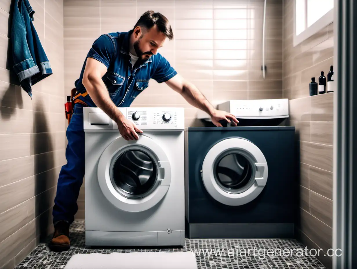 Cinematic-Installation-Professional-Plumber-Setting-up-Washing-Machine-in-Bathroom