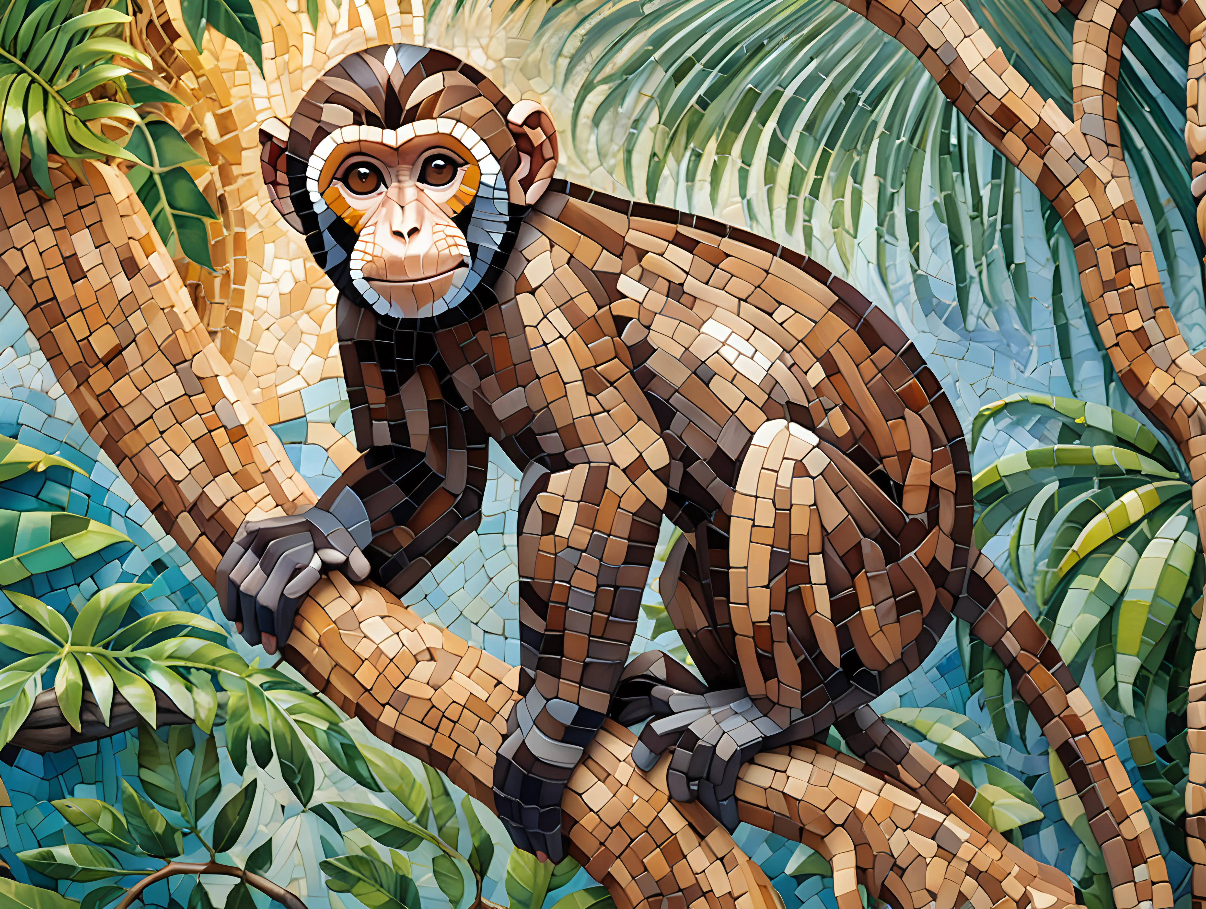 Vibrant Jungle Mosaic Puzzle Featuring a Playful Capuchin Monkey