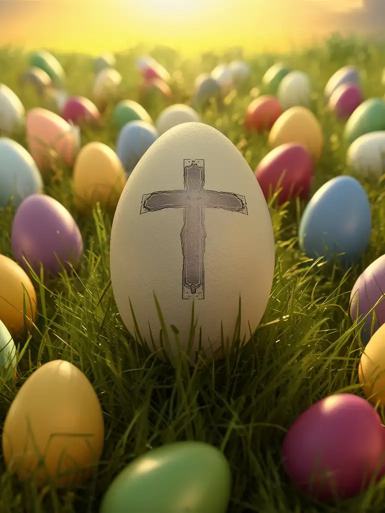 Spring Meadow Easter Celebration with Colorful Eggs and Jesus Image