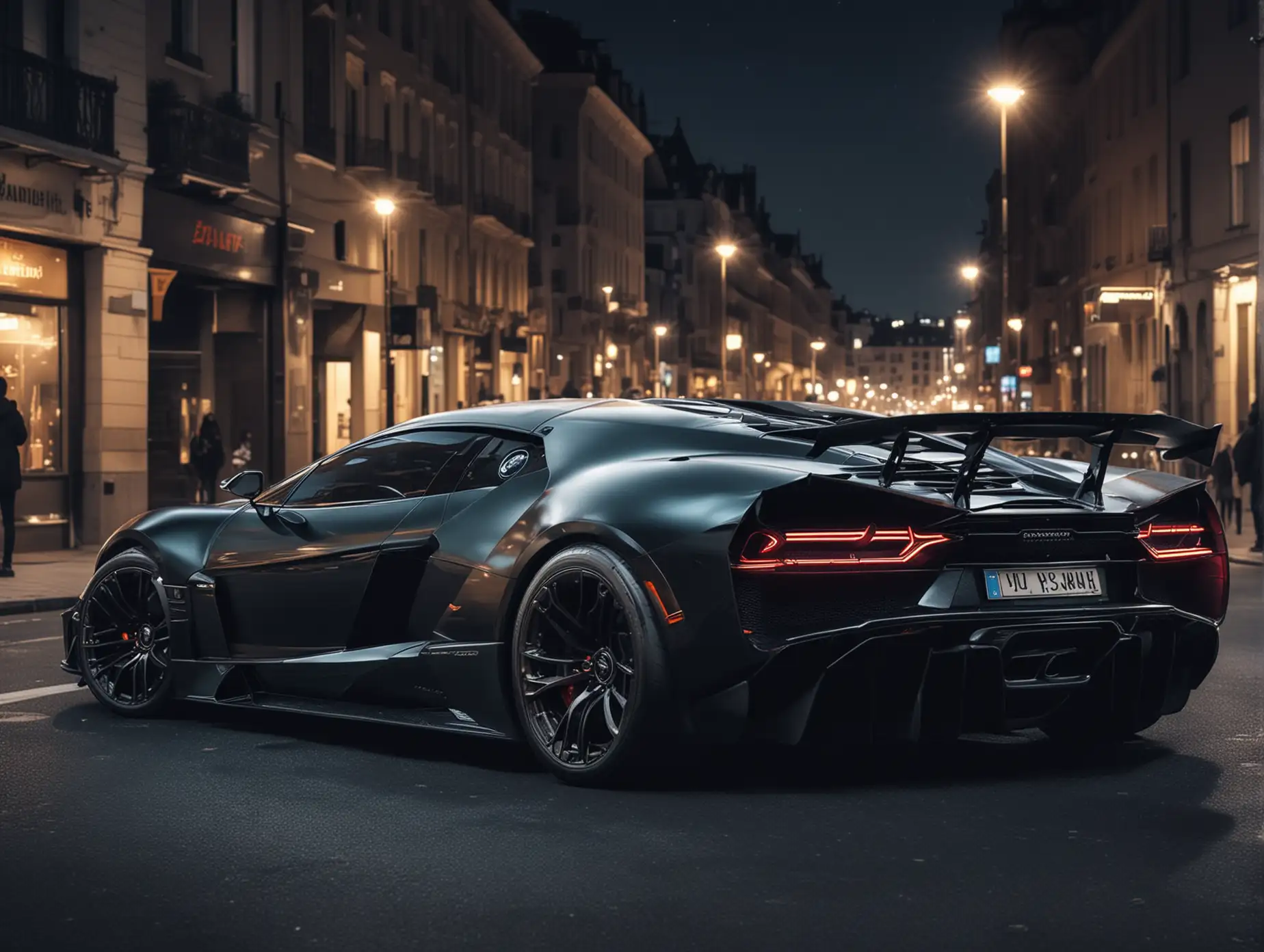 Create concept super cars from the future from bugatti  and Lamborghini  driving in the city at night dark colours  more  monster tuning rear view 