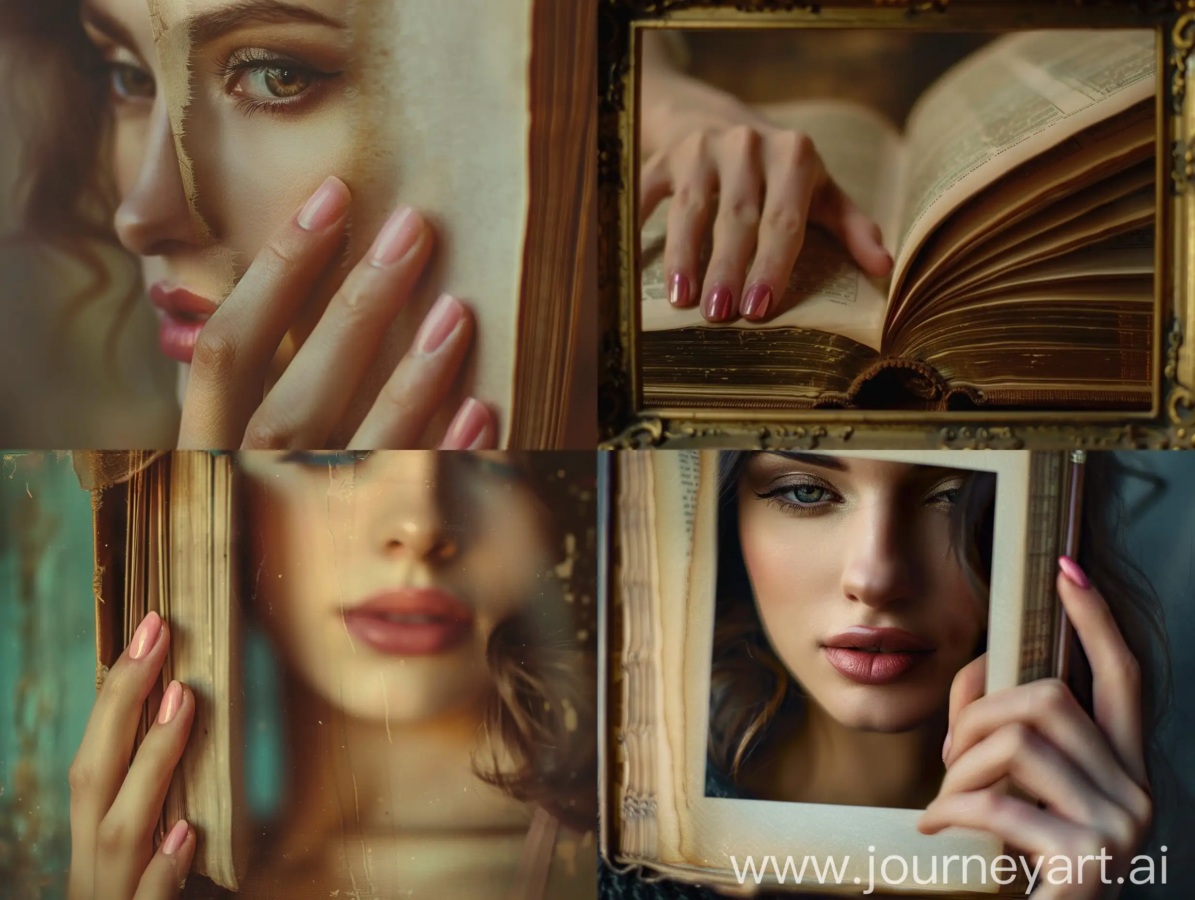 An open book with a close-up of a hand, a woman with slender fingers and pink nails, in a cinematic frame, warm