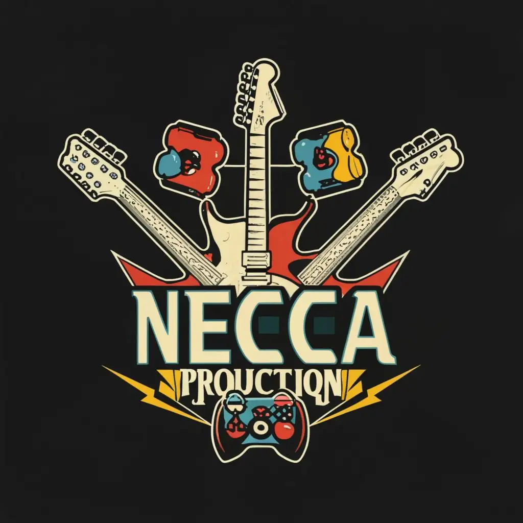 logo, Guitars and game controllers, with the text "Necca Productions", typography, be used in Entertainment industry