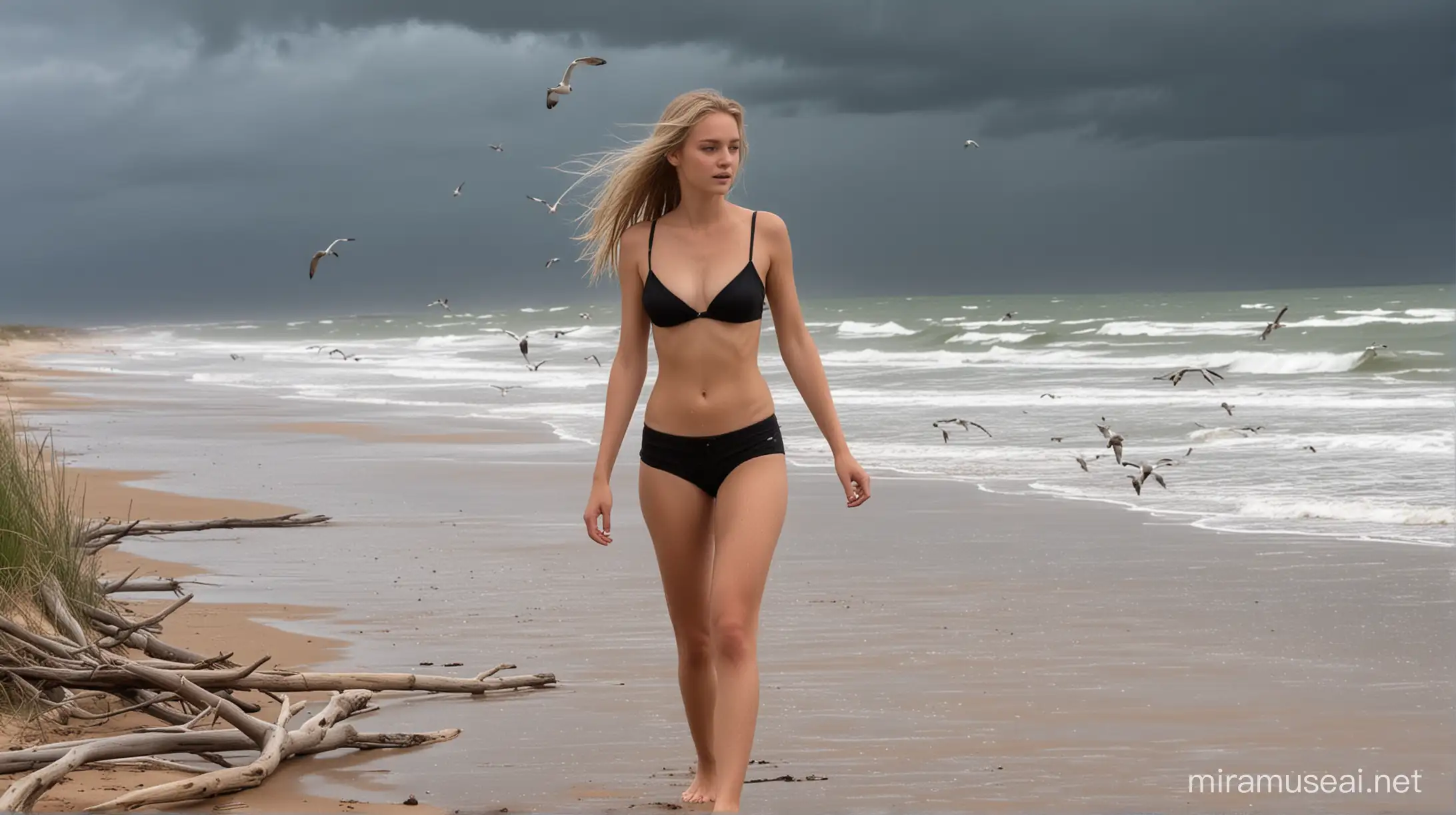 a gorgeous slender 18 year old European girl with 34DDD breasts, wearing black shorts, topless, long blond hair, walking in the rain along the beach next to  a dune landscape in the rain with a view of the sea. Dramatic   clouds, it is raining, some seagulls flying, driftwood laying on the beach.