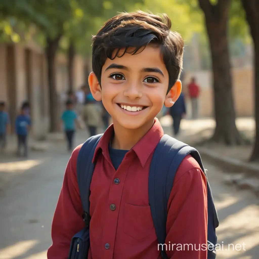 Iranian Muslim cute boy(without hat, smiling, going to school, red shirt, dark blue)