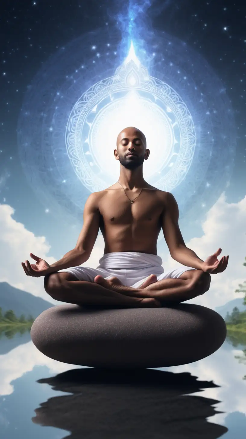 man meditating and ascending because he is mindful and peaceful 4k