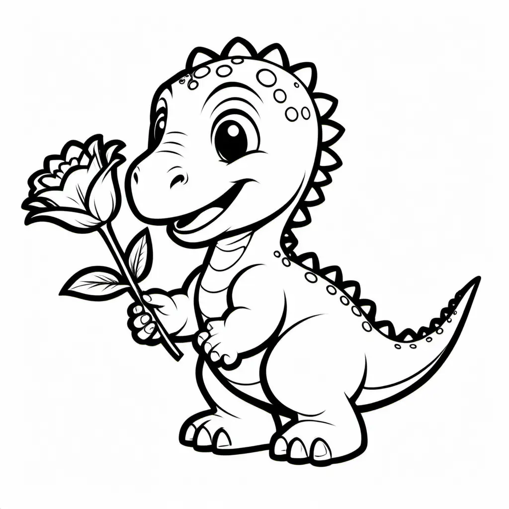 Baby dinosaur hold flower, Coloring Page, black and white, line art, white background, Simplicity, Ample White Space. The background of the coloring page is plain white to make it easy for young children to color within the lines. The outlines of all the subjects are easy to distinguish, making it simple for kids to color without too much difficulty