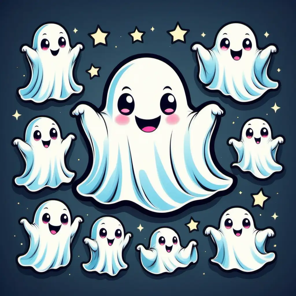 Comics cartoon of Cute Kawaii Ghost, with smiles, happiness, cheer up, fancy and beautiful.
