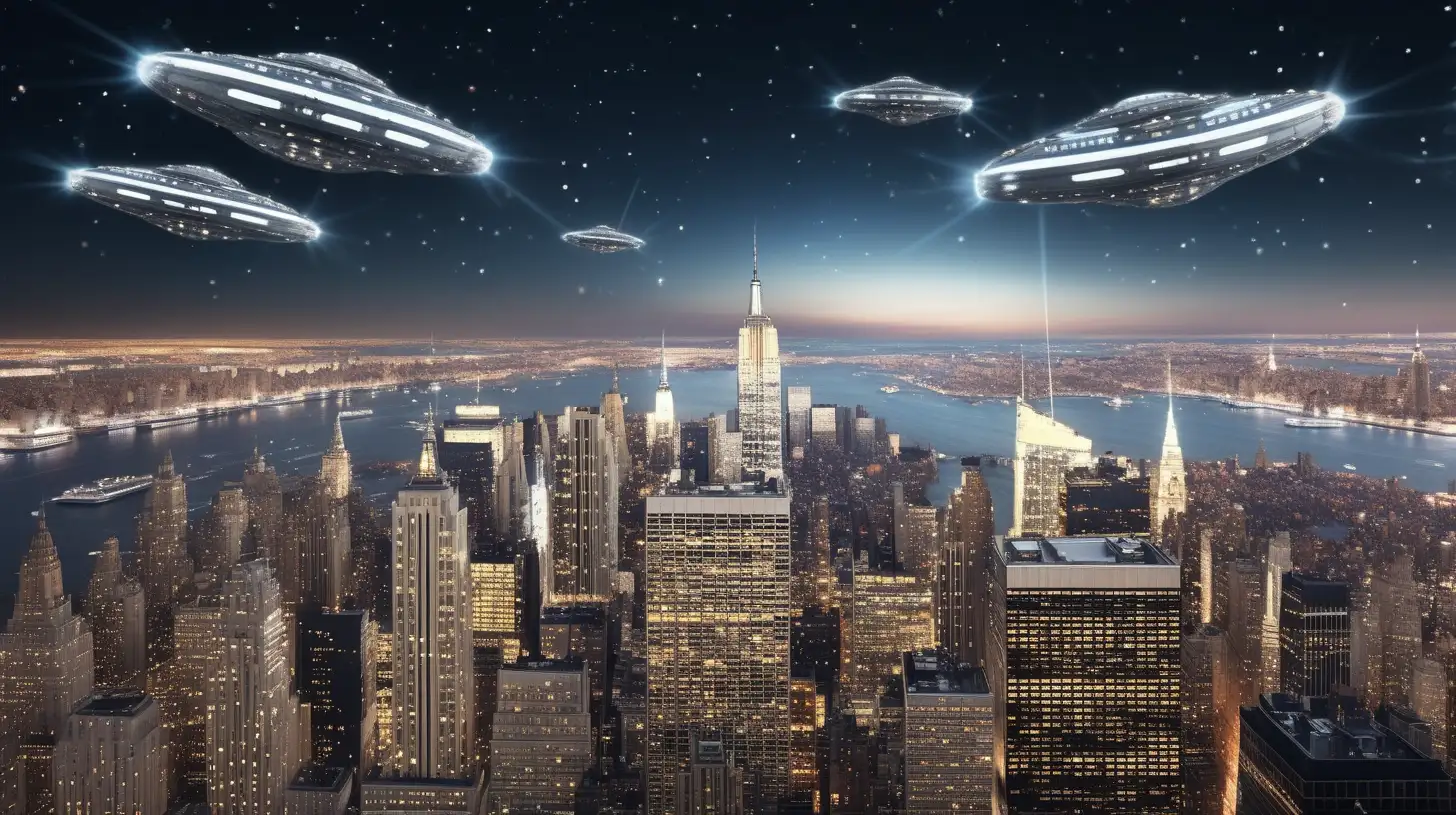 ultra-realistic high resolution and highly detailed photo with depth-perception of new york city city with many large space ships full of lights hovering above the city