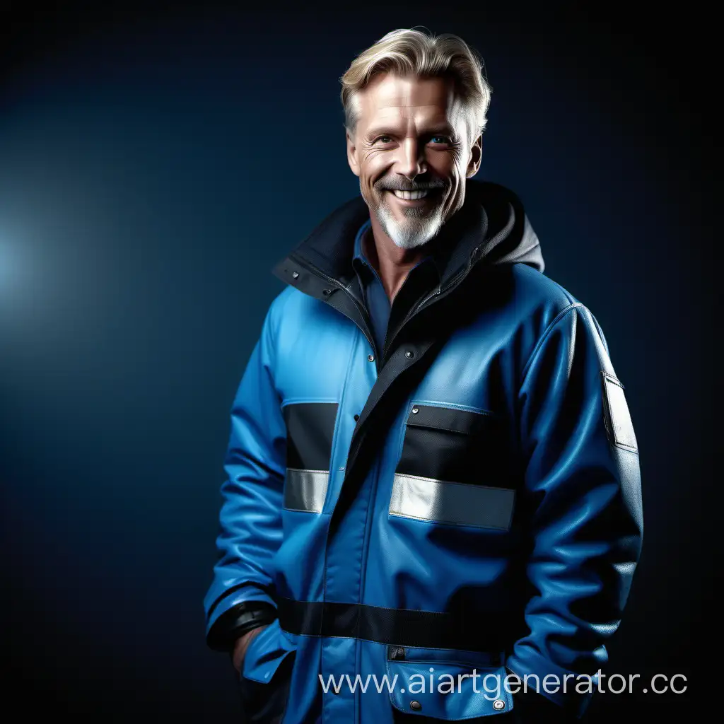 Beautiful highly insulated workwear, smile, scandinavian man, black and blue, front and half-profile, full length. Cinematic, beautiful, elegant, atmospheric，RAW Photo, dynamic composition, G-Master Lens, Photorealistic, Hyperrealistic, Hyperdetailed, natural light, soft lighting, masterpiece, best quality, ultra realistic, 8k, Intricate, High Detail in julie bell style