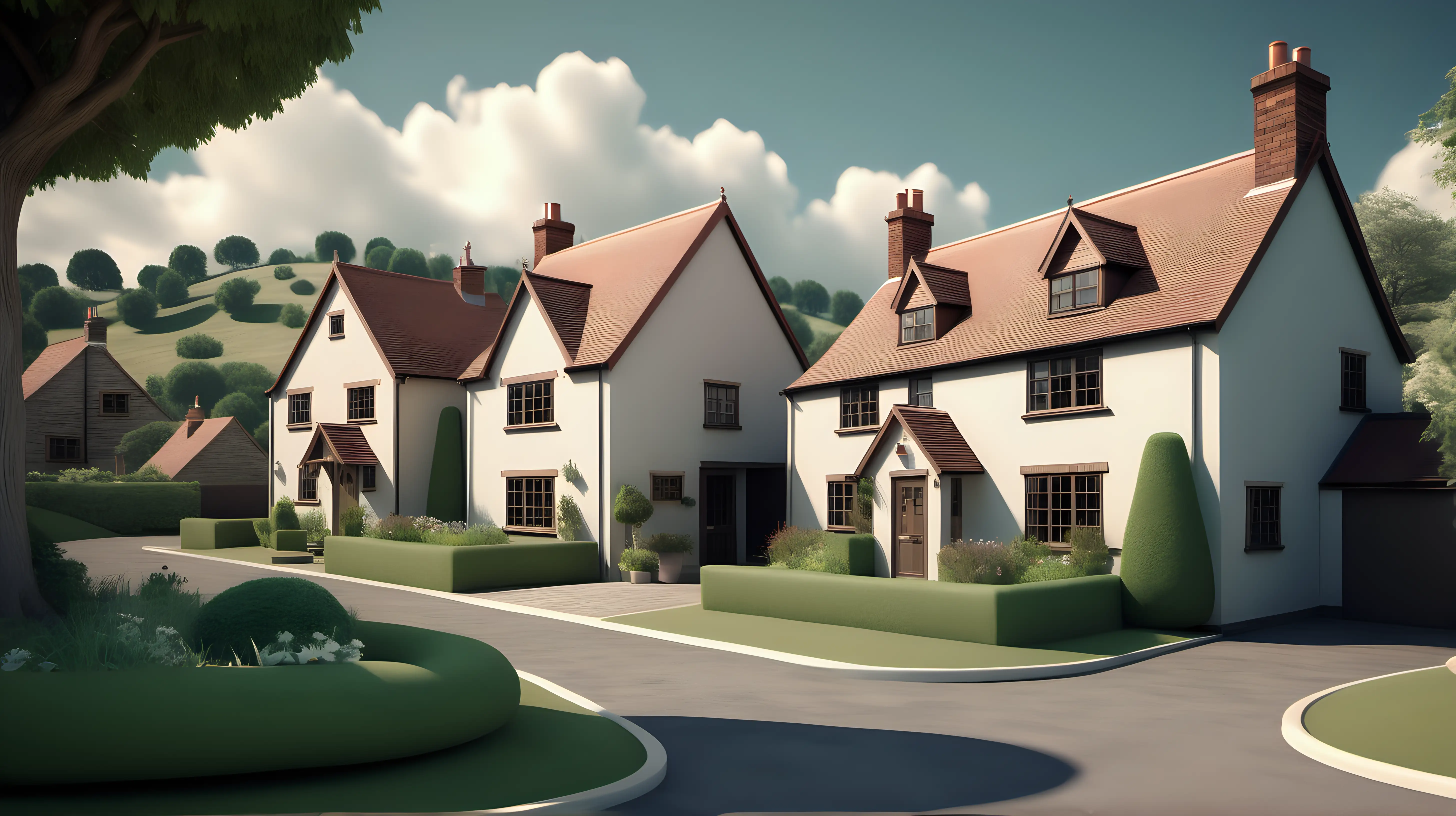 Detached house in a cute english village, hills in the background with trees. 3D render style.