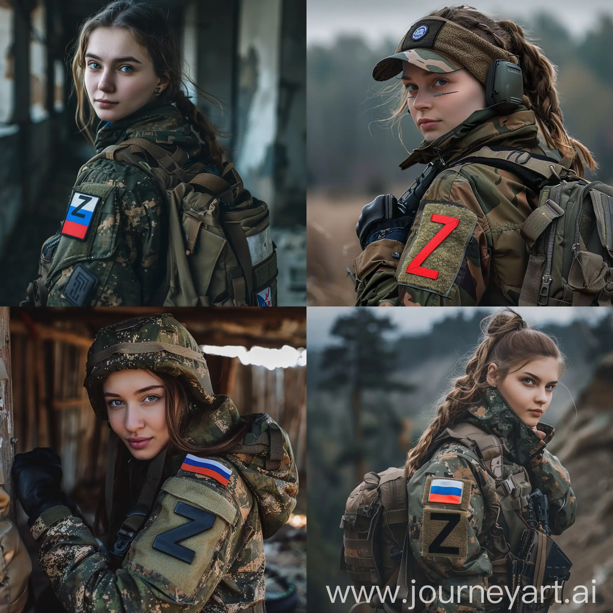 Русский солдат девушка на специальной военной операции, с буквой z на военной куртке и с российским флагом на плече