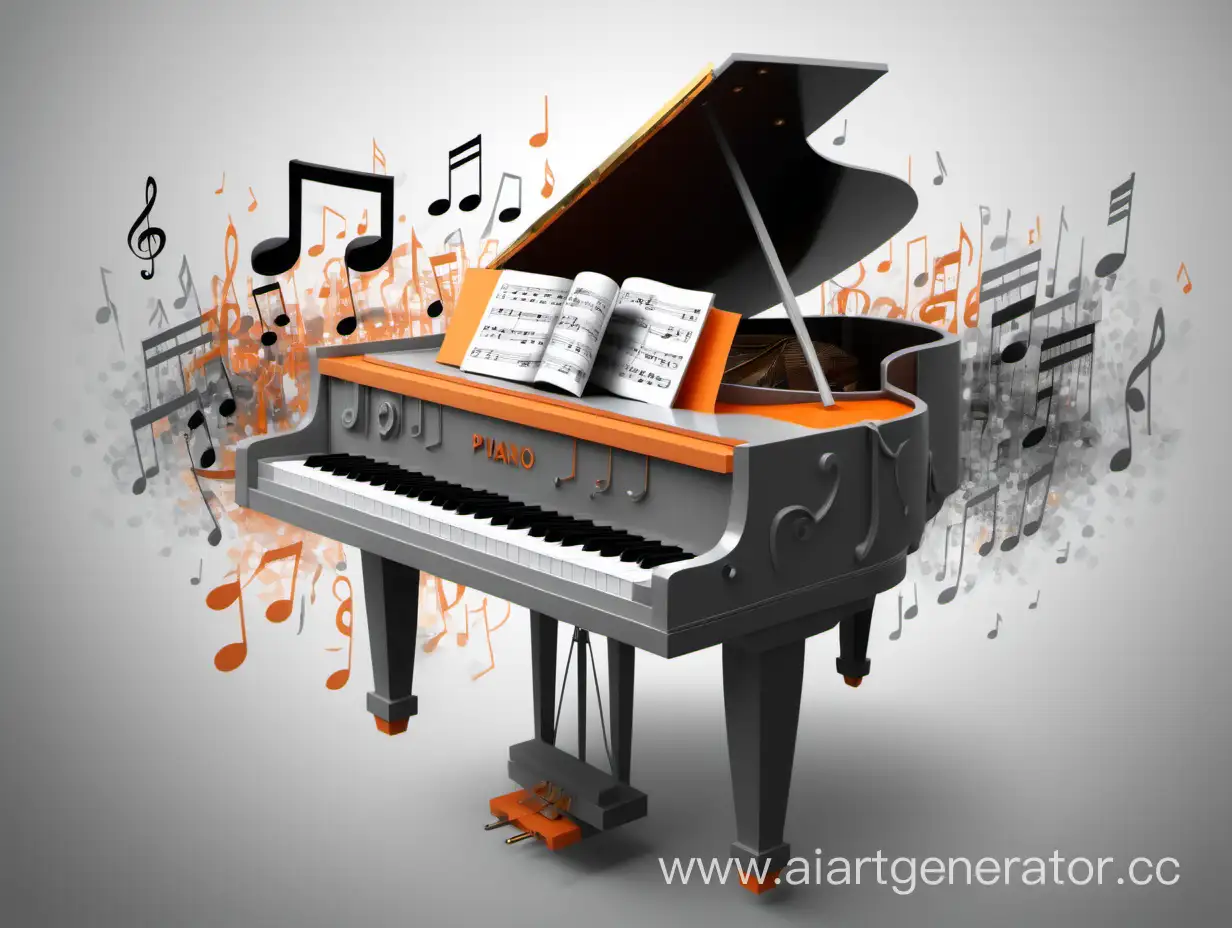  фортепиано с микрофоном, а вокруг музыкальные ноты, картинка в серых и оранжевых тонах 