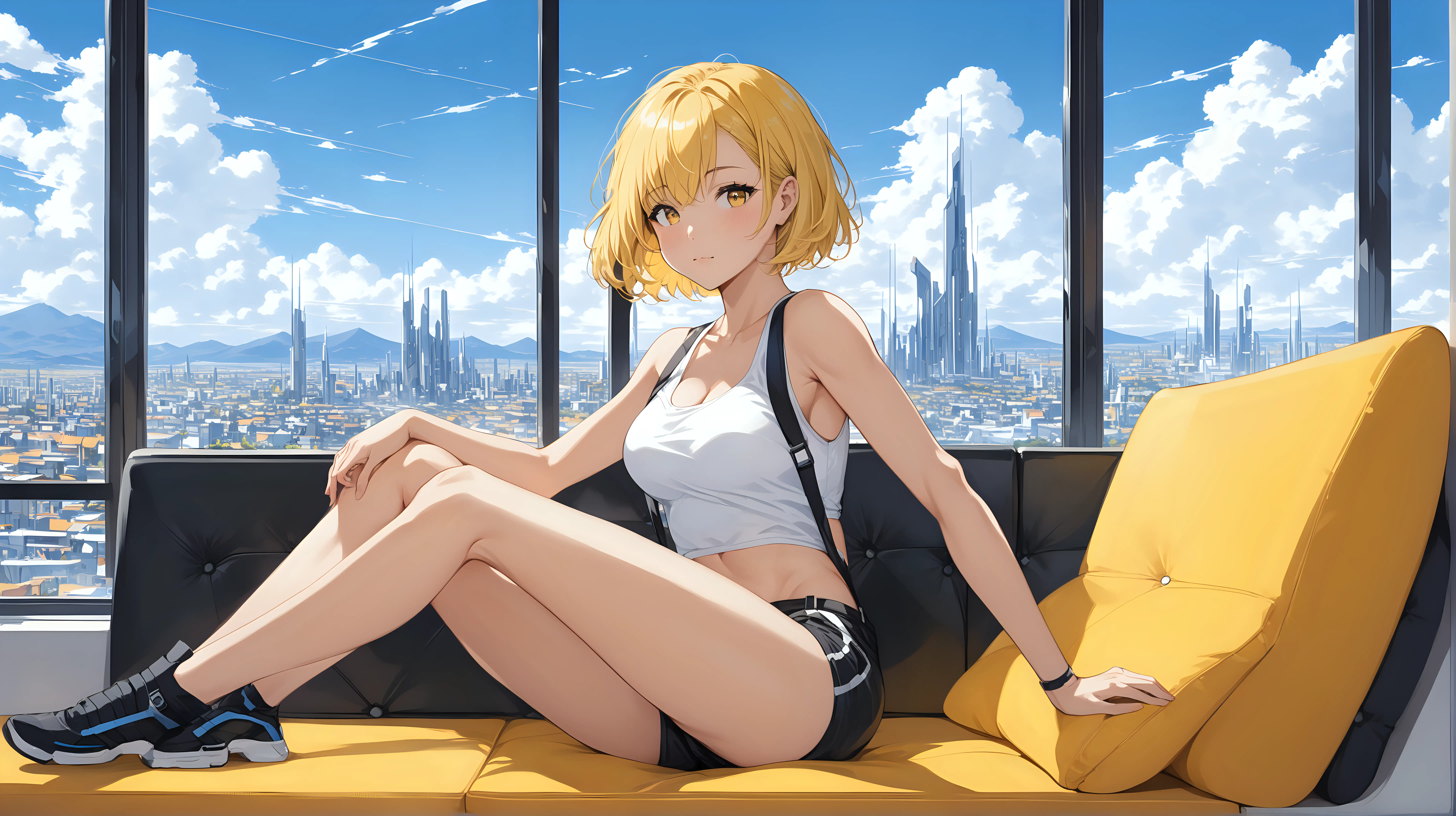 sexy fit 24 year old hero girl, short chin length yellow hair, reclining on couch in futuristic apartment, toned body, short white tank top, wearing suspenders, sexy midriff, black shorts, blue sky and futuristic town in background through window,  yellow black white 3 color minimal design