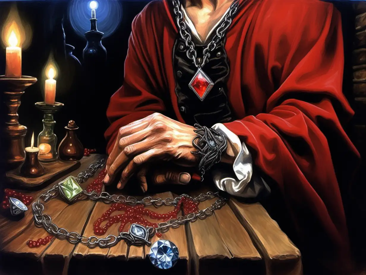 hand holding necklace with diamond stone, red robes sleeve, tavern, night, fantasy painting