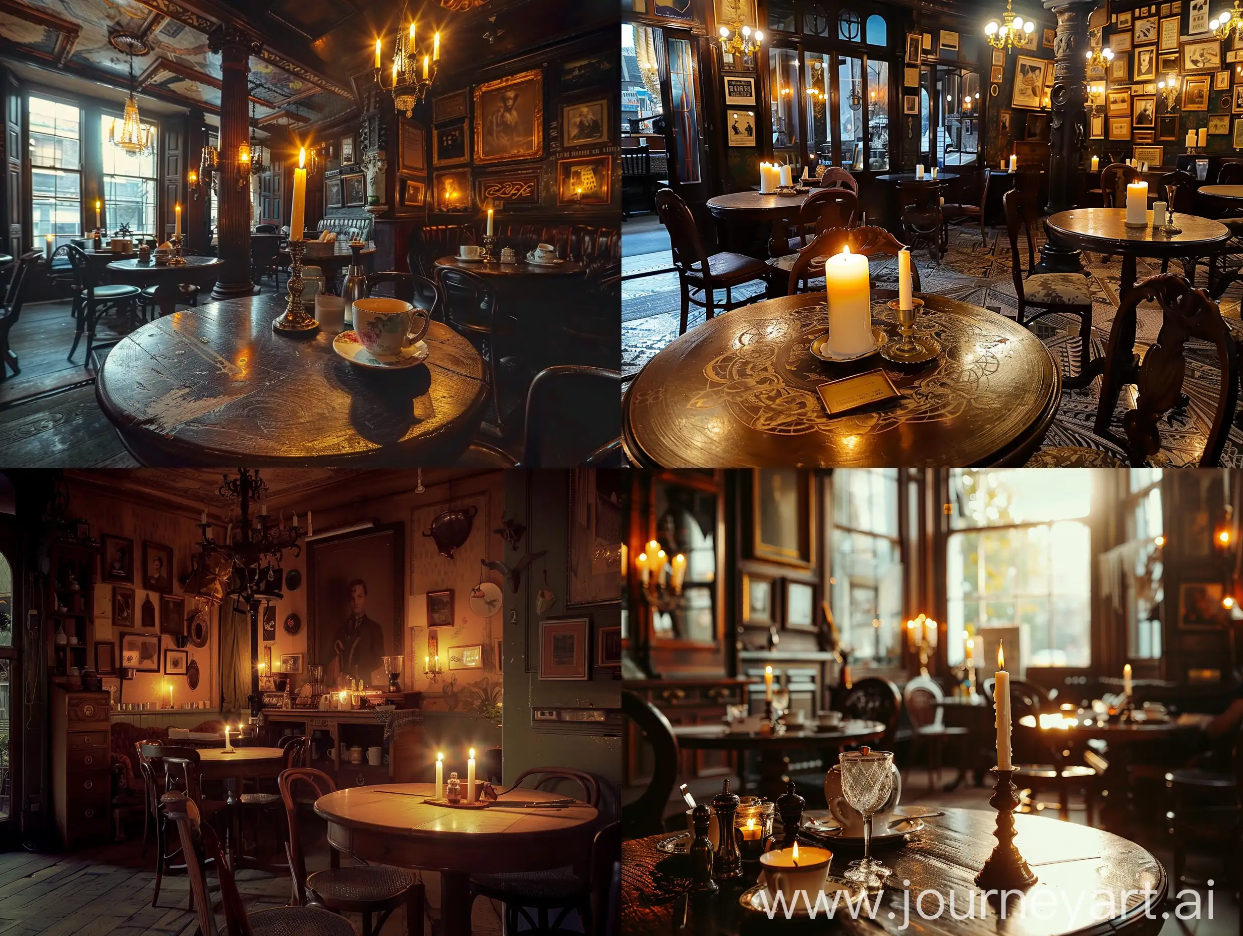 Describe this teInside London coffe house victorian age with candles