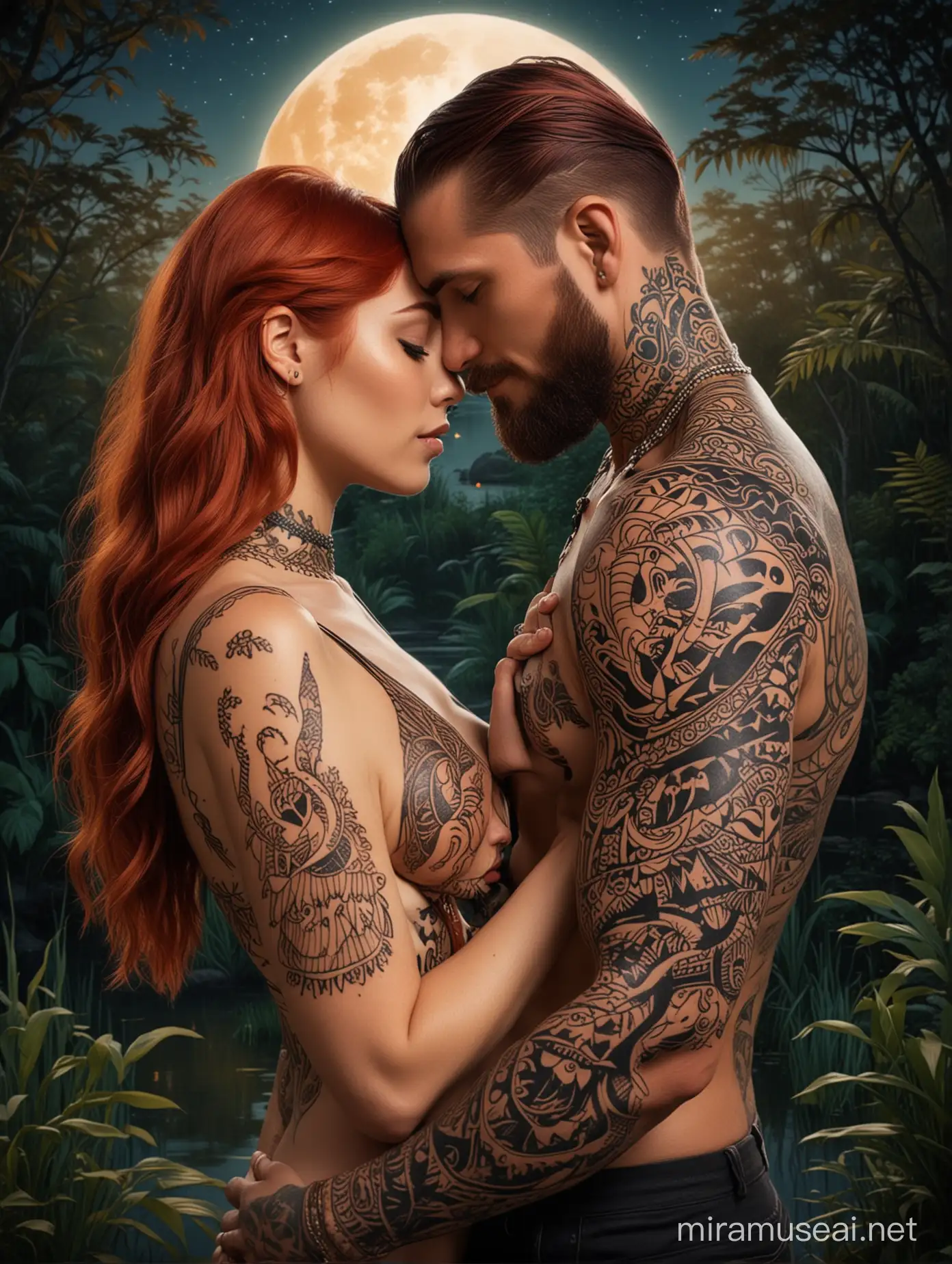 Romantic Couple Embracing in Moonlit Nature with Tribal Tattoos