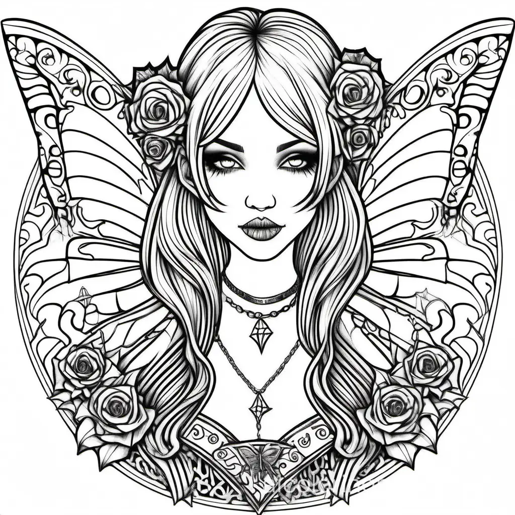 line drawing detailed adult coloring page of beautiful gothic punk rock style fairy. no color. ample white space for coloring. , Coloring Page, black and white, line art, white background, Simplicity, Ample White Space. The background of the coloring page is plain white to make it easy for young children to color within the lines. The outlines of all the subjects are easy to distinguish, making it simple for kids to color without too much difficulty