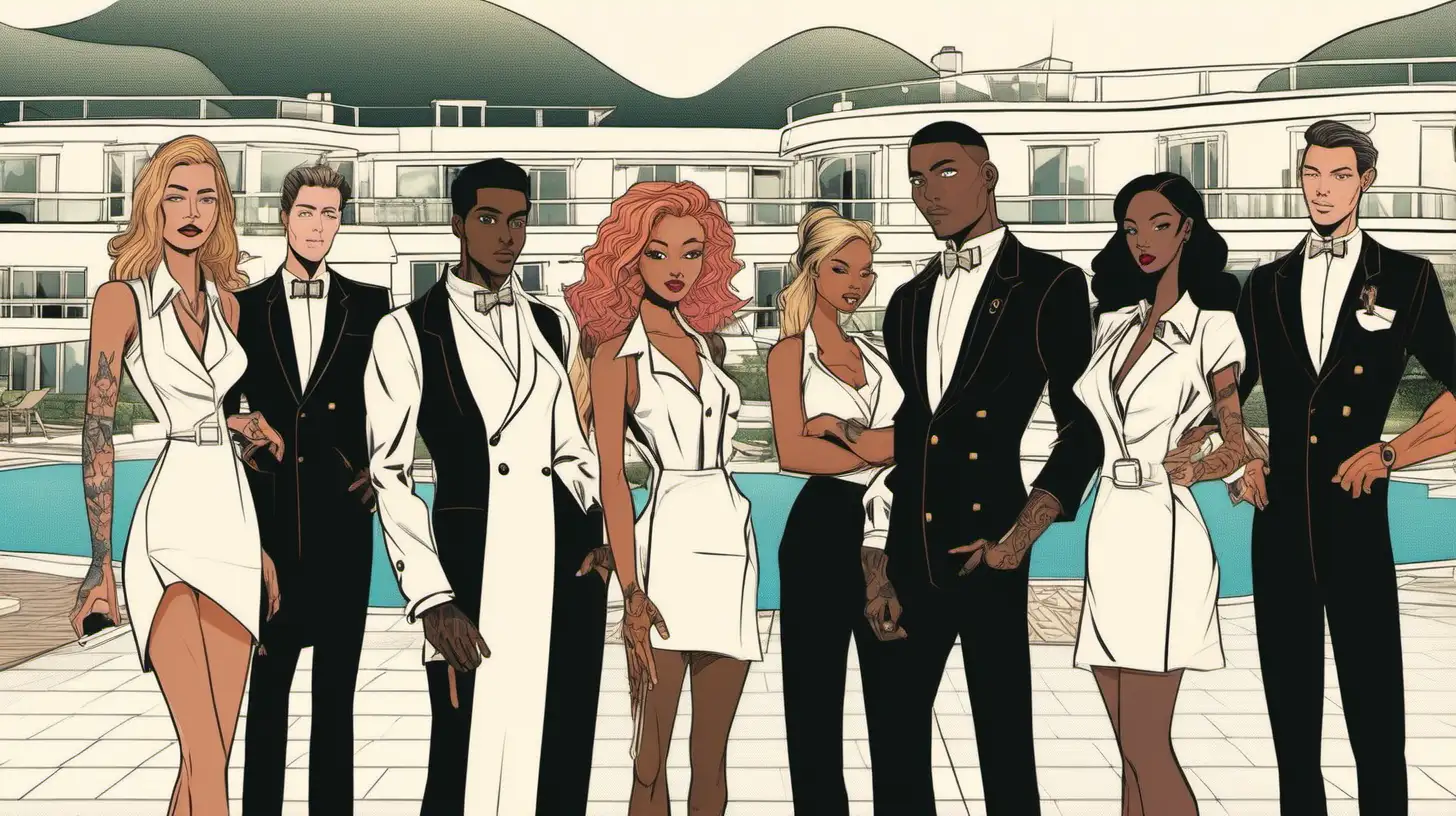 Subject: A diverse group of nine people aged 25 to 30 stand at attention in line captured in very closeup through to mid length. 

Background: A contempory mansion and pool is prominent behind the group. In the far background is harbour with yachts and boats on the water and hills.

Style/Coloring: The scene is set in a vibrant outdoor space. The sun is setting giving the scene a warm glow. The background is bathed in light and is lighter in tone to the foreground.

Action: They are configured in a line facing the left hand corner. The person on the left is out of focus up close to the left of frame, we see the person in the middle of the line in mid, and the p off to the right of the frame. Some of them are serious and others are mischievious. One person is tilting their head as if peaking around the corner to view the scene out of frame. 

Accessories: The head male concierge is neatly dressed, there’s a male butler with lipstick on his collar, there are two male chefs, two female conceigrges; one white, one black, a shirtless sexy male gardener with long black hair and tattoos. The are sexy, however not over the top. 
