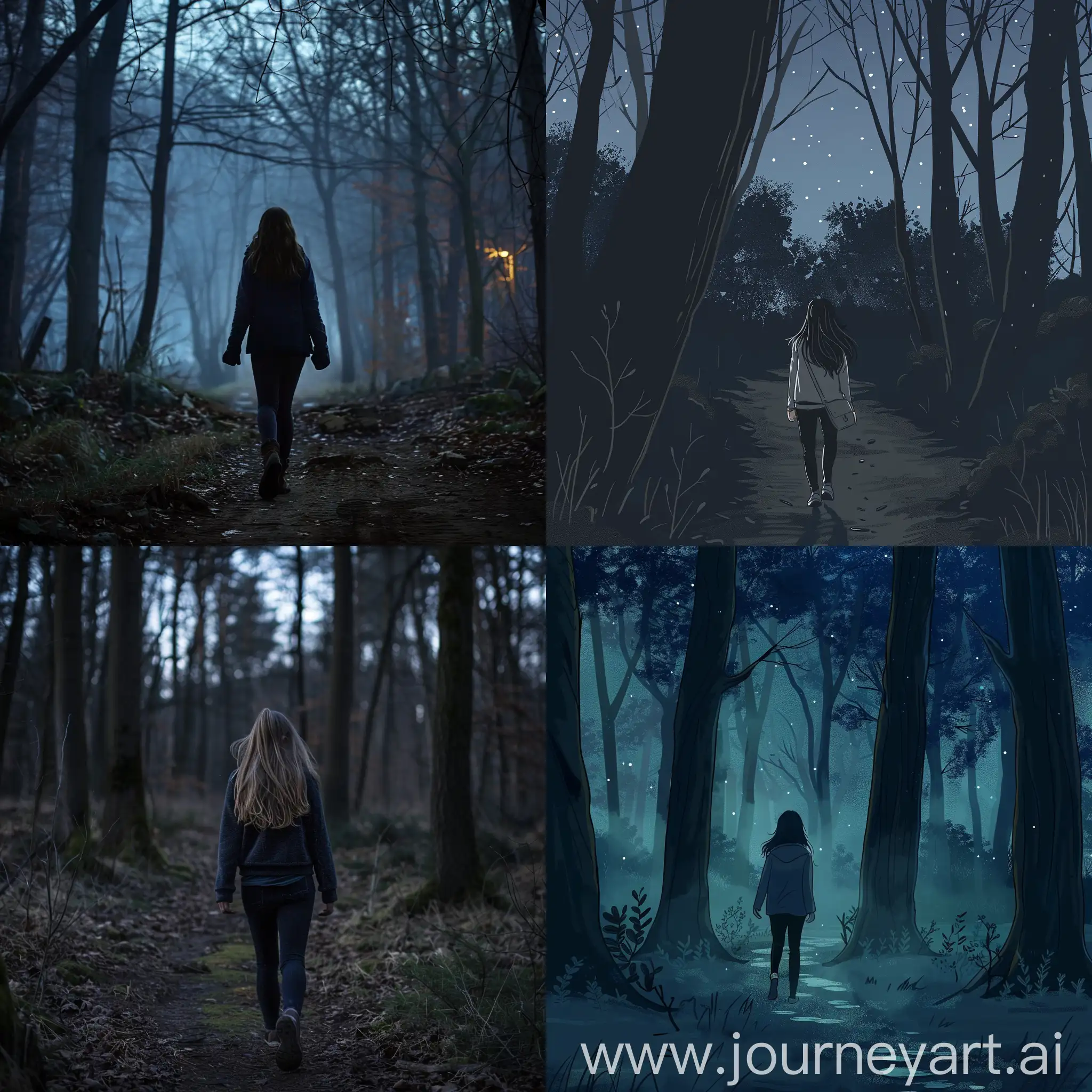 A teenager girl walking in a forest alone at night,
