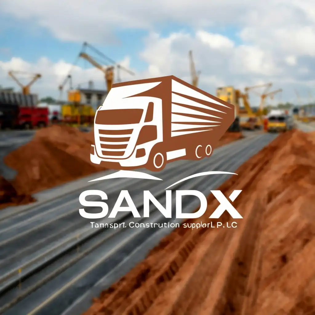 a logo design,with the text "SANDEX
TRANSPORT AND CONSTRUCTION MATERIAL SUPPLIER PLC", main symbol:Road, Truck, Sand, Sediment and Construction Building,complex,clear background