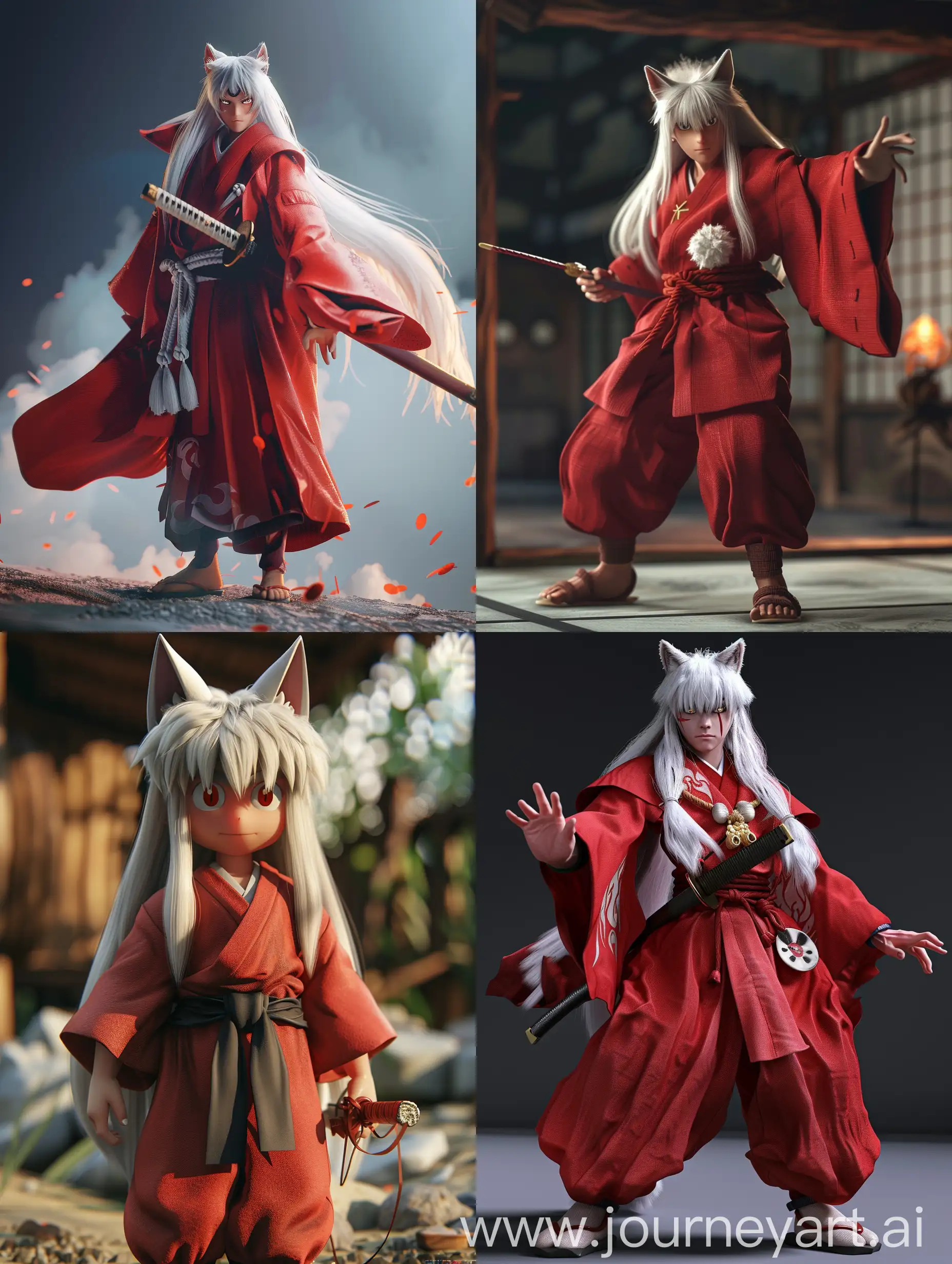 3D anime characters, cinematic movie effect, long shot, very detail, 32k, higt quality, InuYasha character.