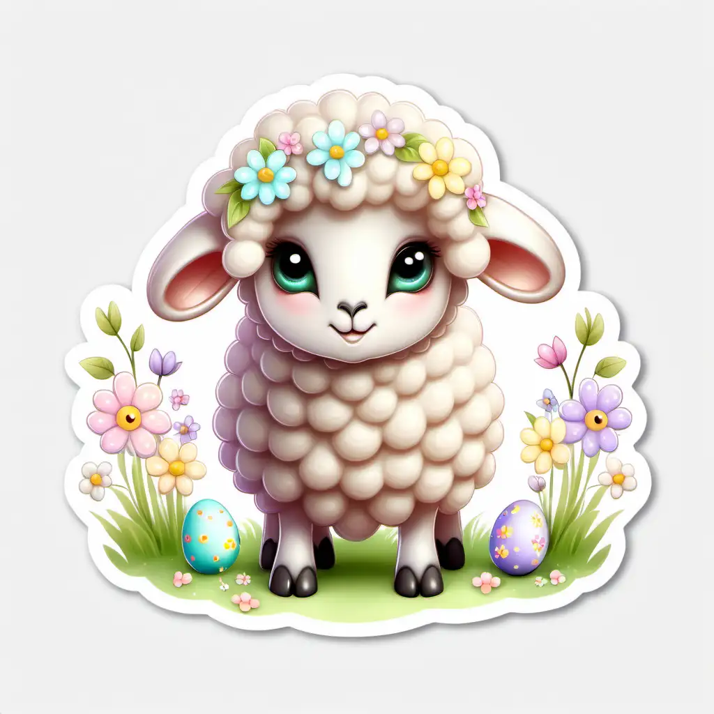 fairytale,whimsical,cartoon,easter baby sheep,spring flower 
pastel,plain white background, sticker image