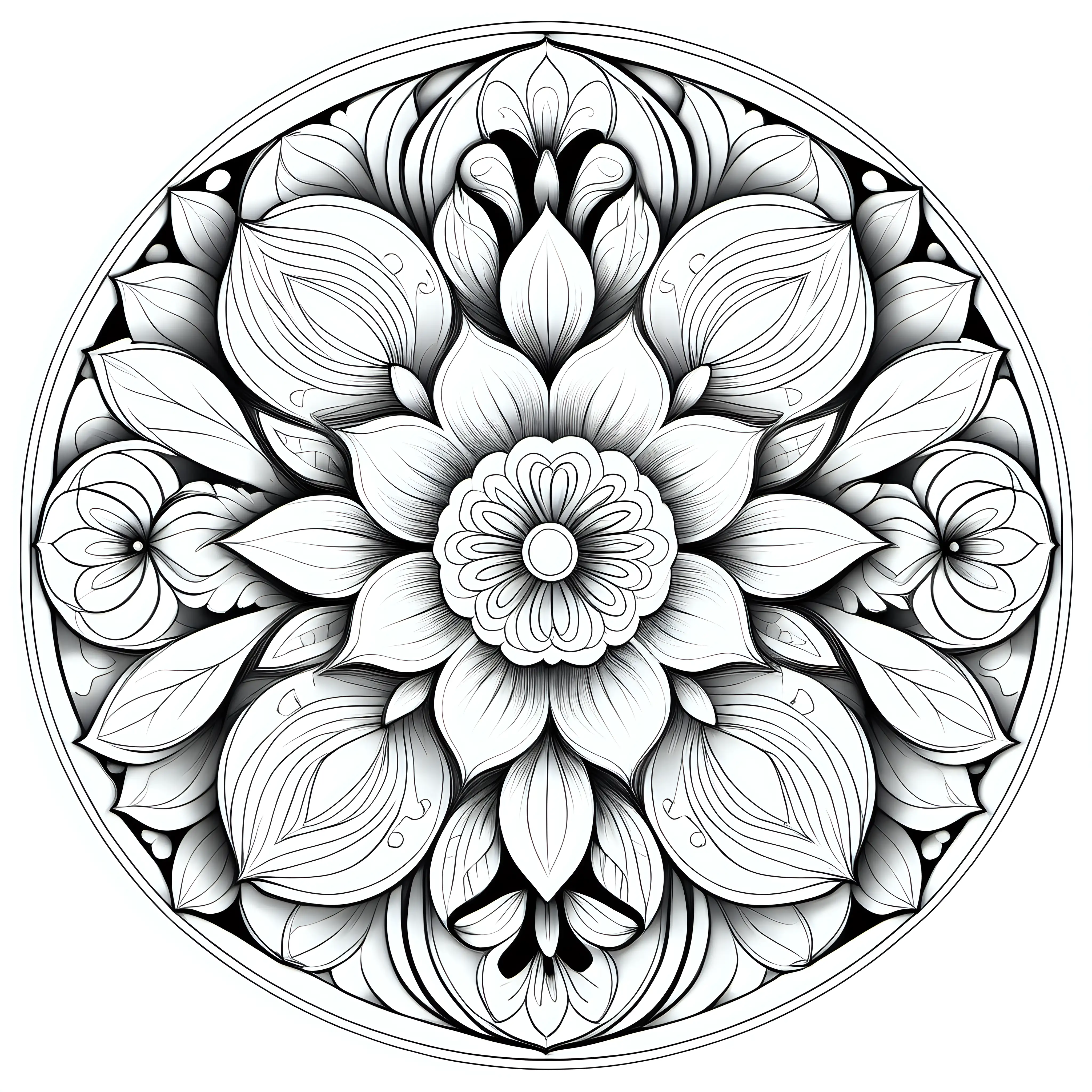 Floral Mandala Coloring Design with Intricate Blossoms