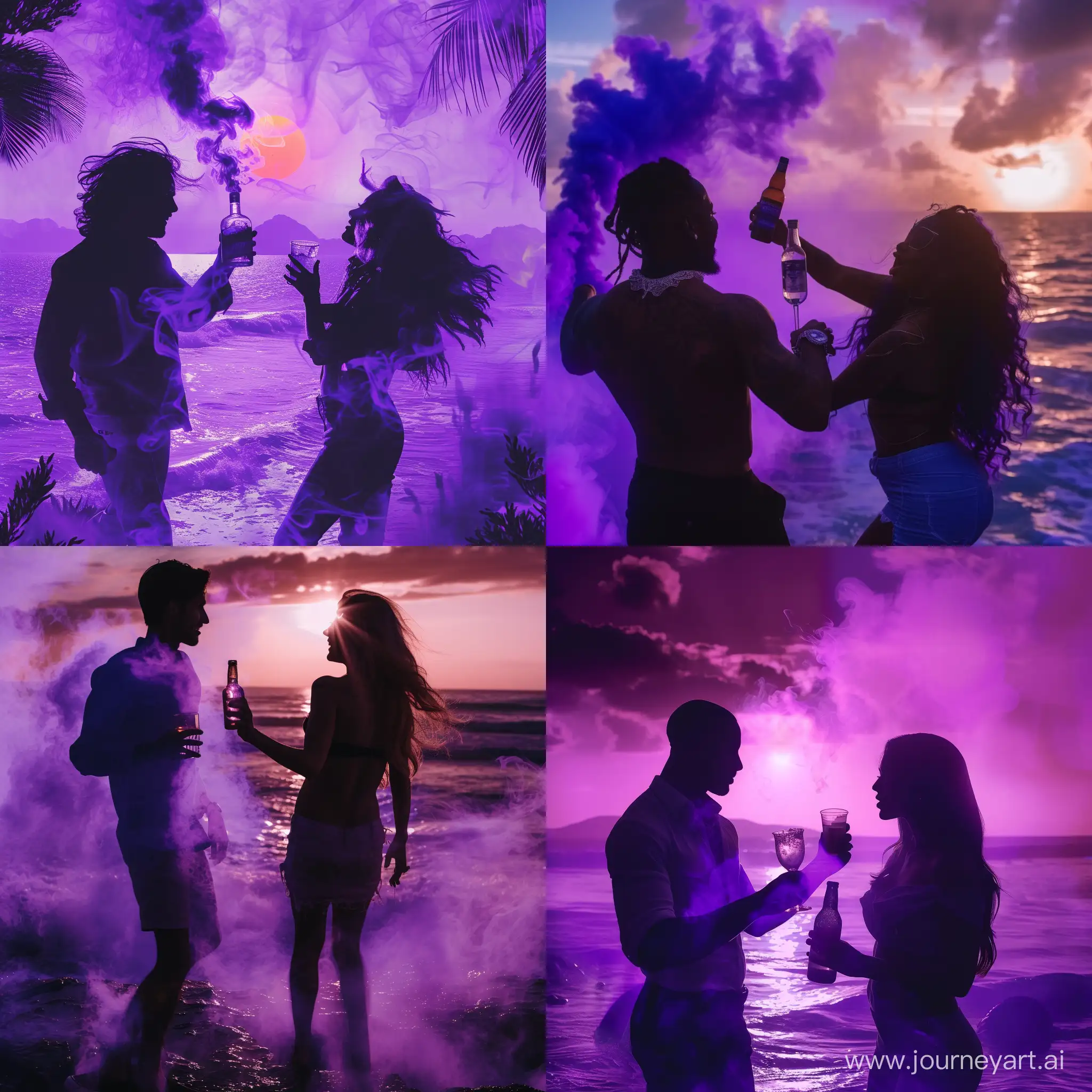 dance,couple,love,background purple smoke and sea and sun and, in the hand of the man vodka and in the hand of the woman weed,couple gangsta,couple Dancing at the party
