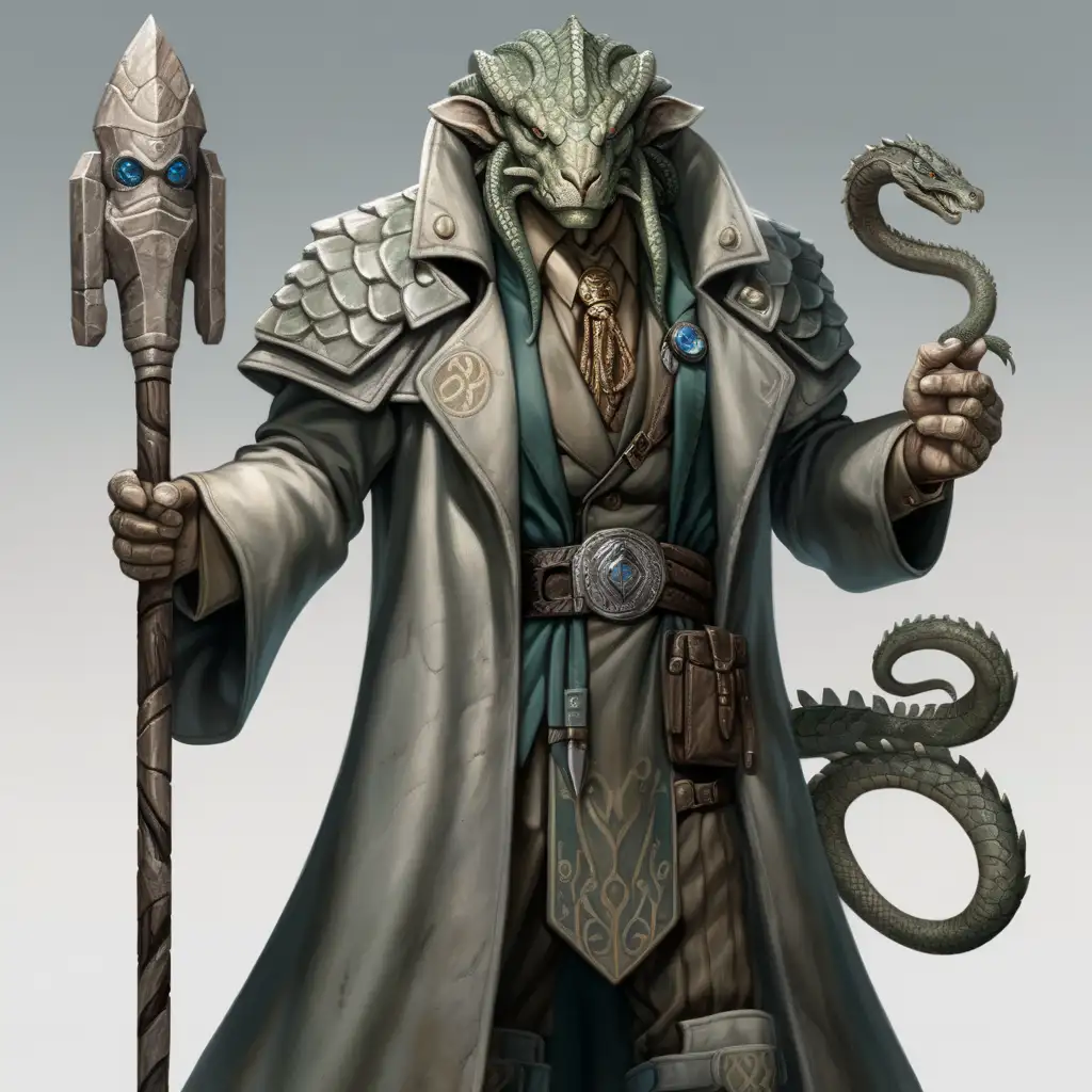 his skin resembling weathered granite etched with gorgon markings. His eyes gleam with an authoritative presence, and he wears an armored trench coat adorned with serpent scales. he wields a staff crafted from petrified wood, adorned with gorgon insignias.