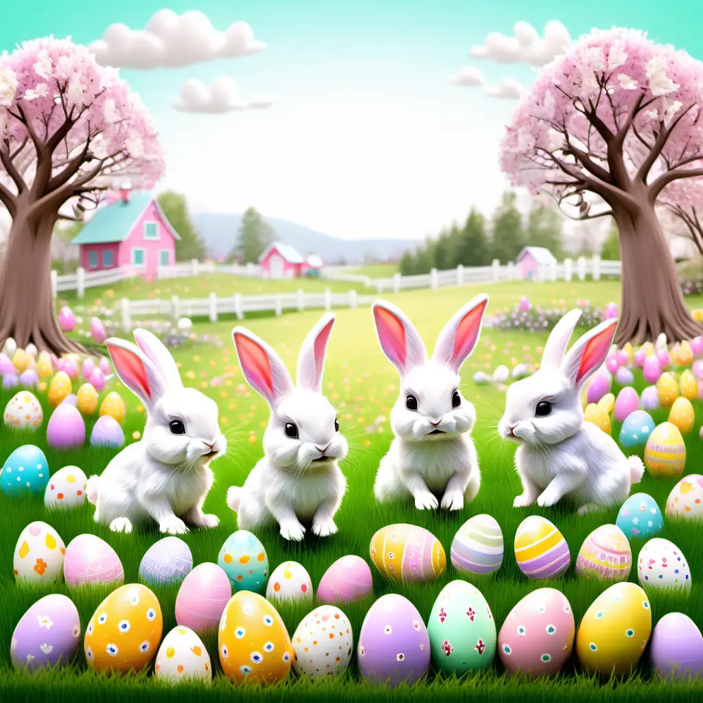 fairytale,whimsical,
cartoon, easter ,spring flower field, WITH BABY BUNNIES ,ADD AN EASTER HOME IN THE BACKGROUND,
bright pastel, white background,