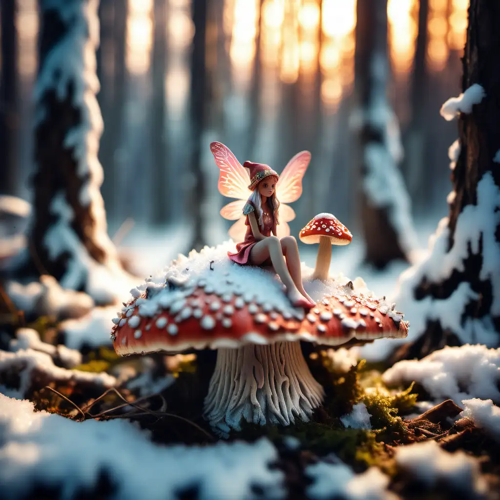 tiny fairy sits on top of an mushroom, textured and detailed, scenery snowy forest floor, trees around, ambient sunset light
