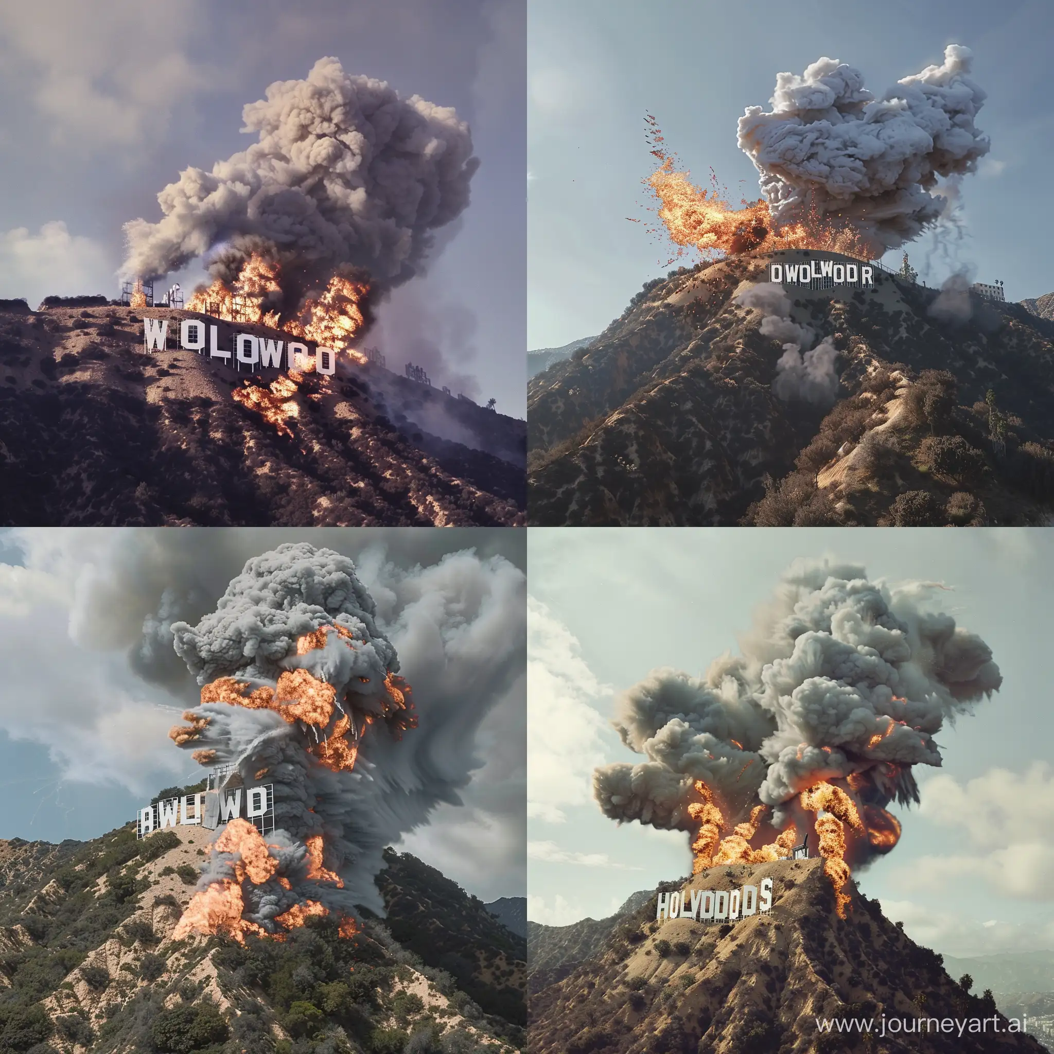 photo-realistic, the Hollywood sign burns and explodes on top of the mountain, smoke billows upwards