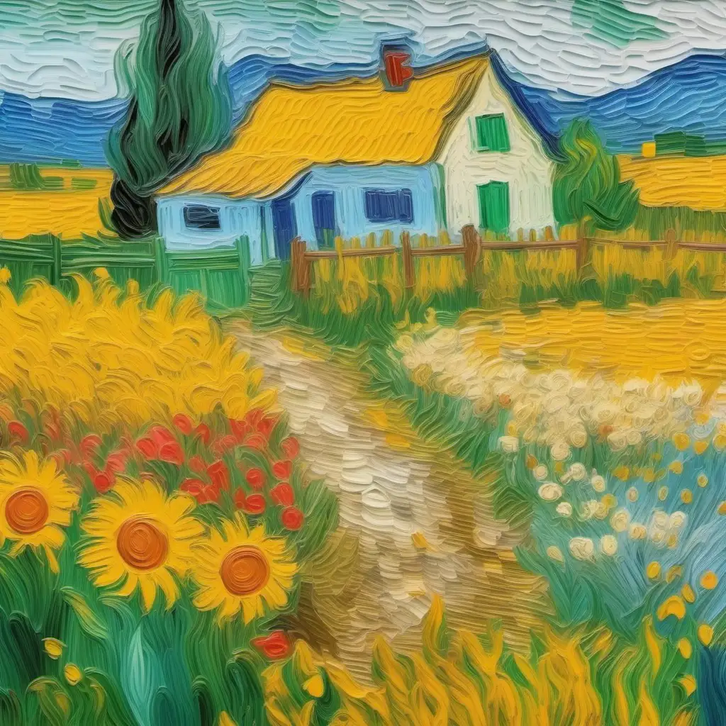Optimistic Van Gogh Style Countryside Farm with Country Flowers