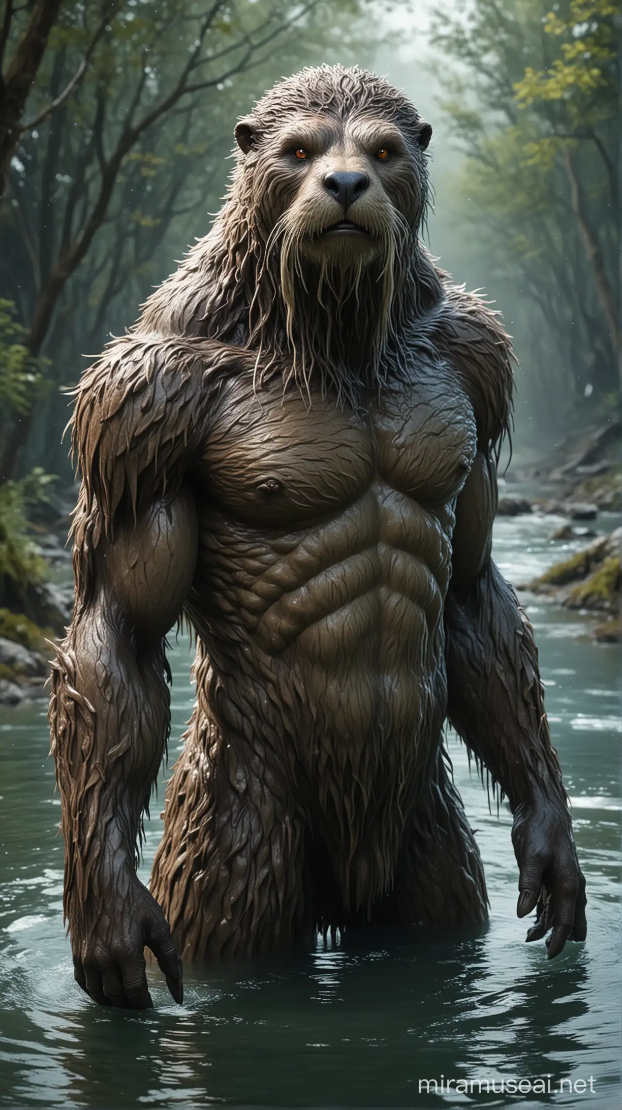 an otter man with a big body and a big face 
half in the water, face looking front, humanoid creature, creature concept art, an ancient creature, swamp monster of ice, ancient creature, realistic creature concept, beastman concept, creature design, river god, gnoll, creature god, stunning sasquatch, beautiful hairy humanoids, anthropomorphic creature,