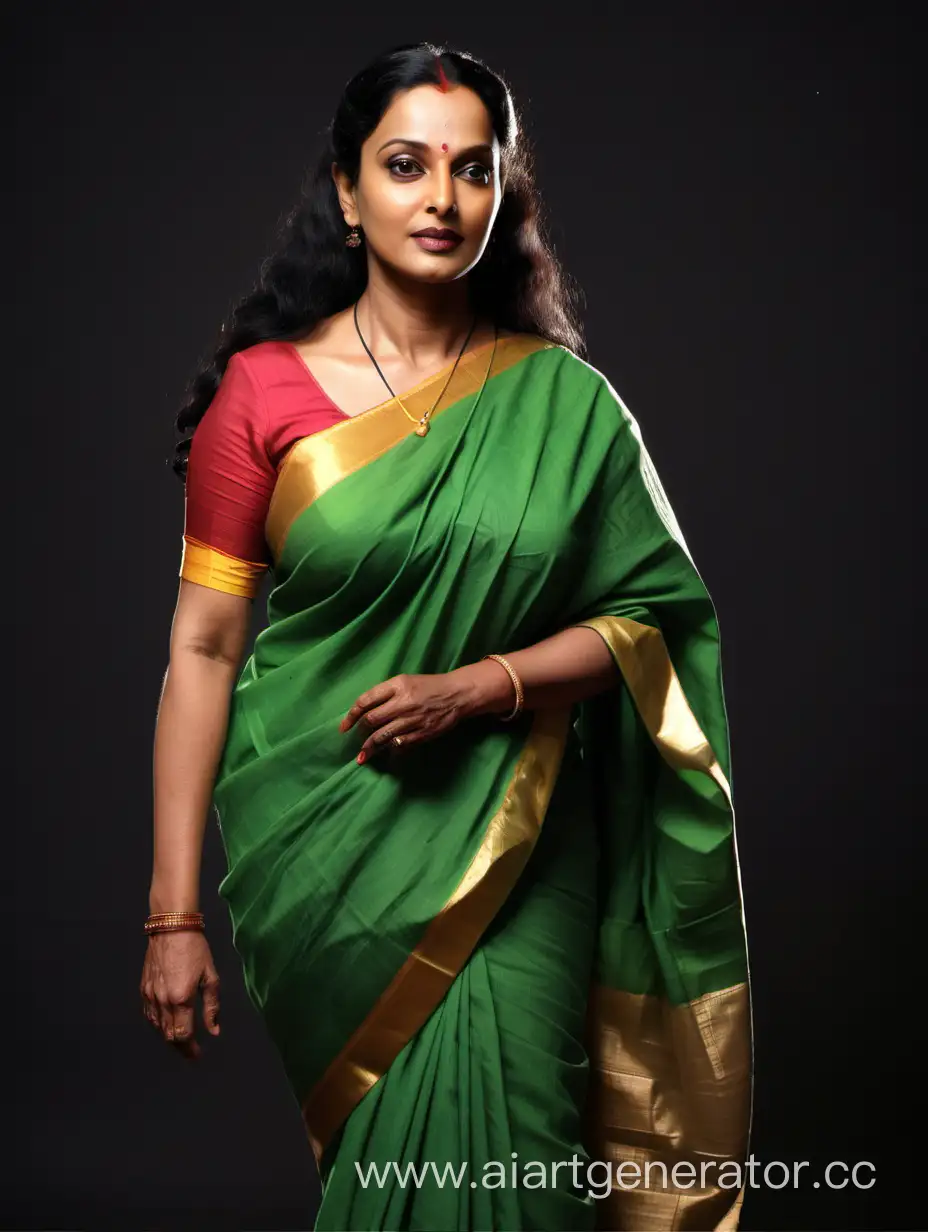 Full body image of A 50 years old kerala woman who looks like malayalam movie actress Swetha Menon. The woman is wearing a saree. The woman has very long hair. The woman is teaching a class