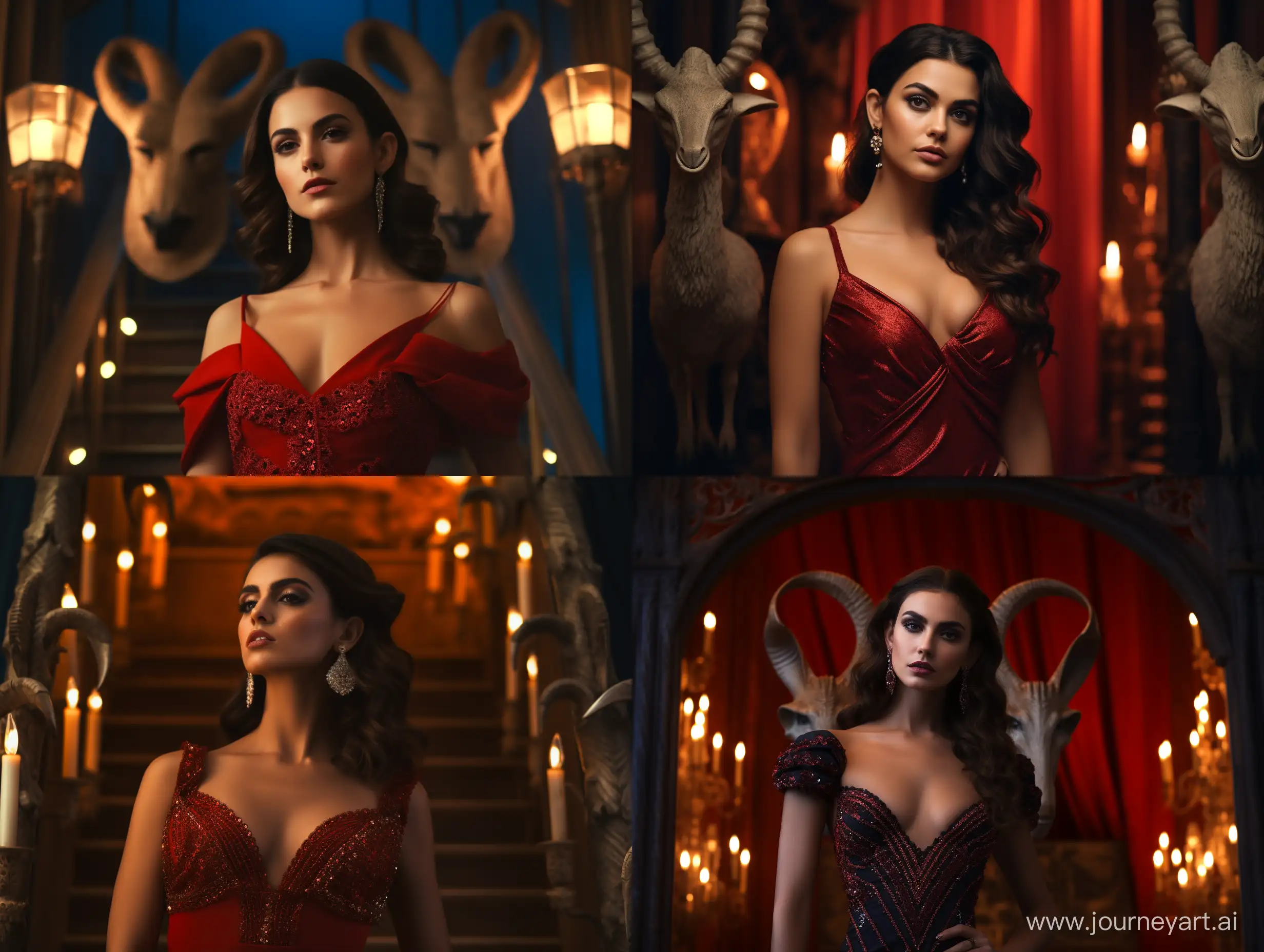Elegant-DarkHaired-Girl-with-Sheep-Horns-and-Cleopatra-Makeup-in-Red-Evening-Gown