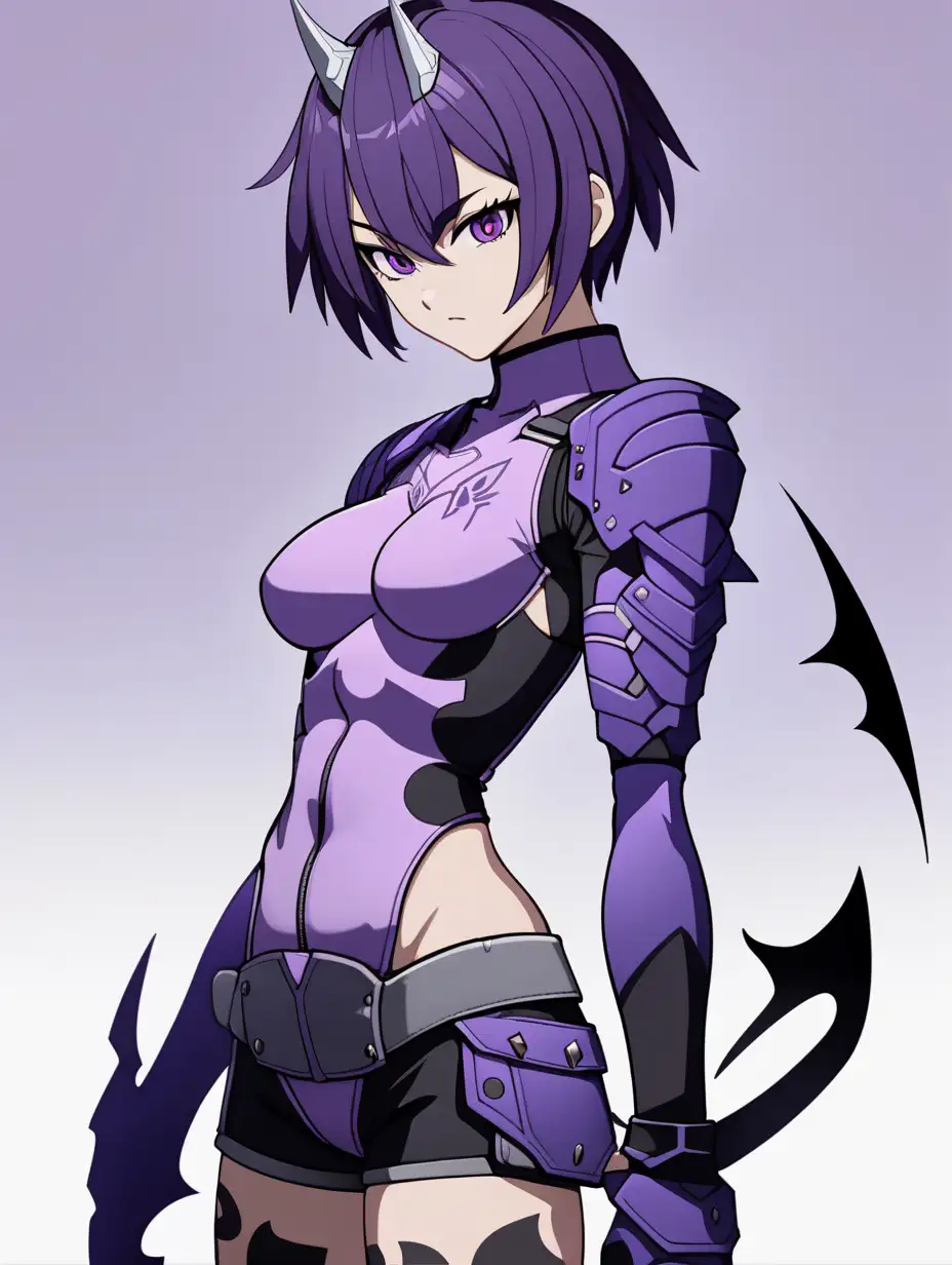 anime woman, tall, buff, demon, mischievous expression, intimidating, tomboy, short hair, standing tall, full body, looking over shoulder, dynamic pose, shadow aura, purple theme, partially armored