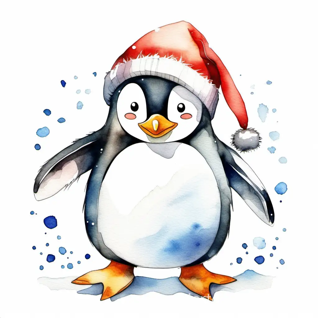 Счастливые мультяшный пингвинчик с милым детским личиком, в красной новогодней шапочке, на белом фоне нарисованные акварелью