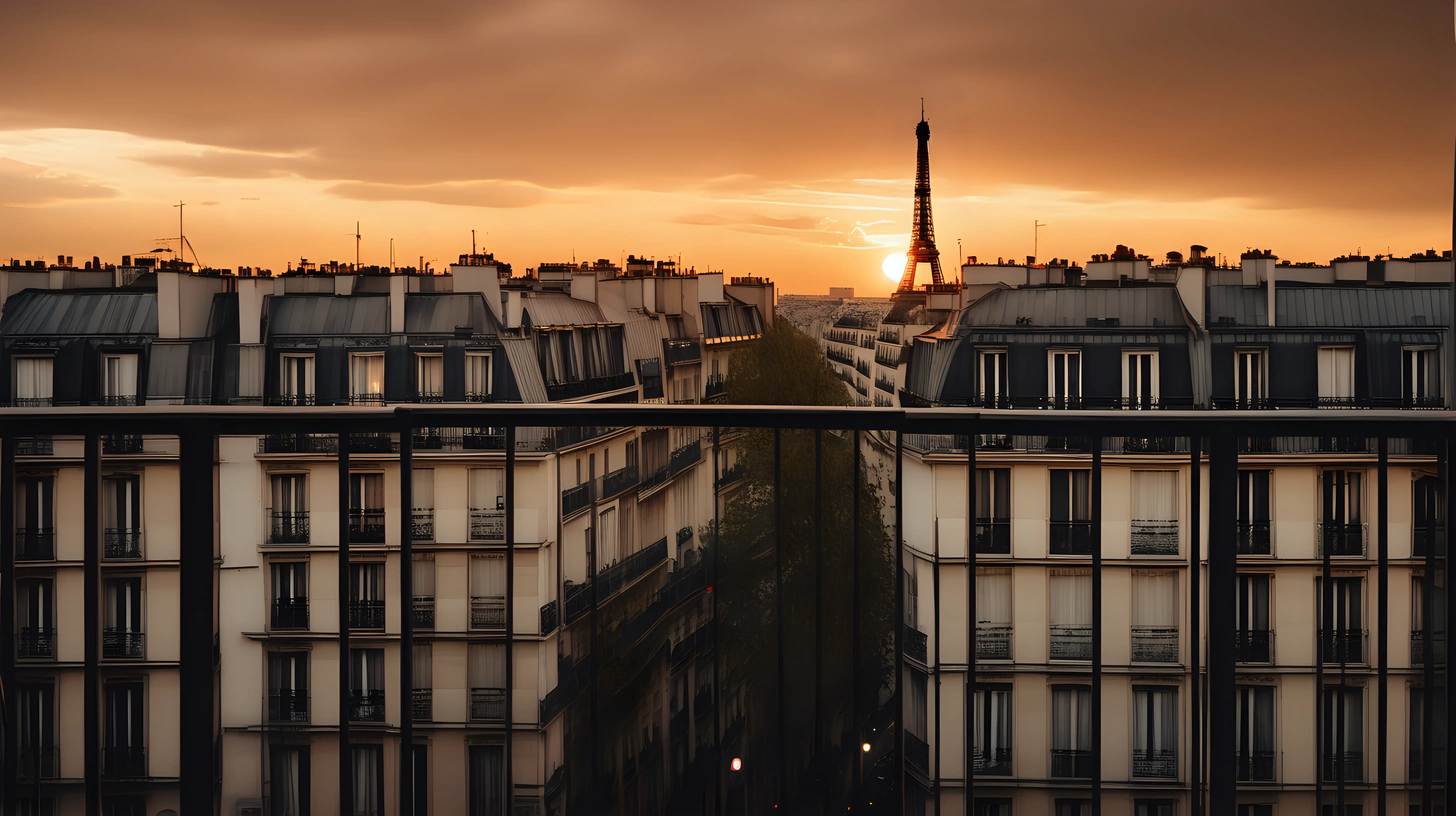 A Paris city sunset, viewed from a balcony, cinematic lighting, photographic quality.