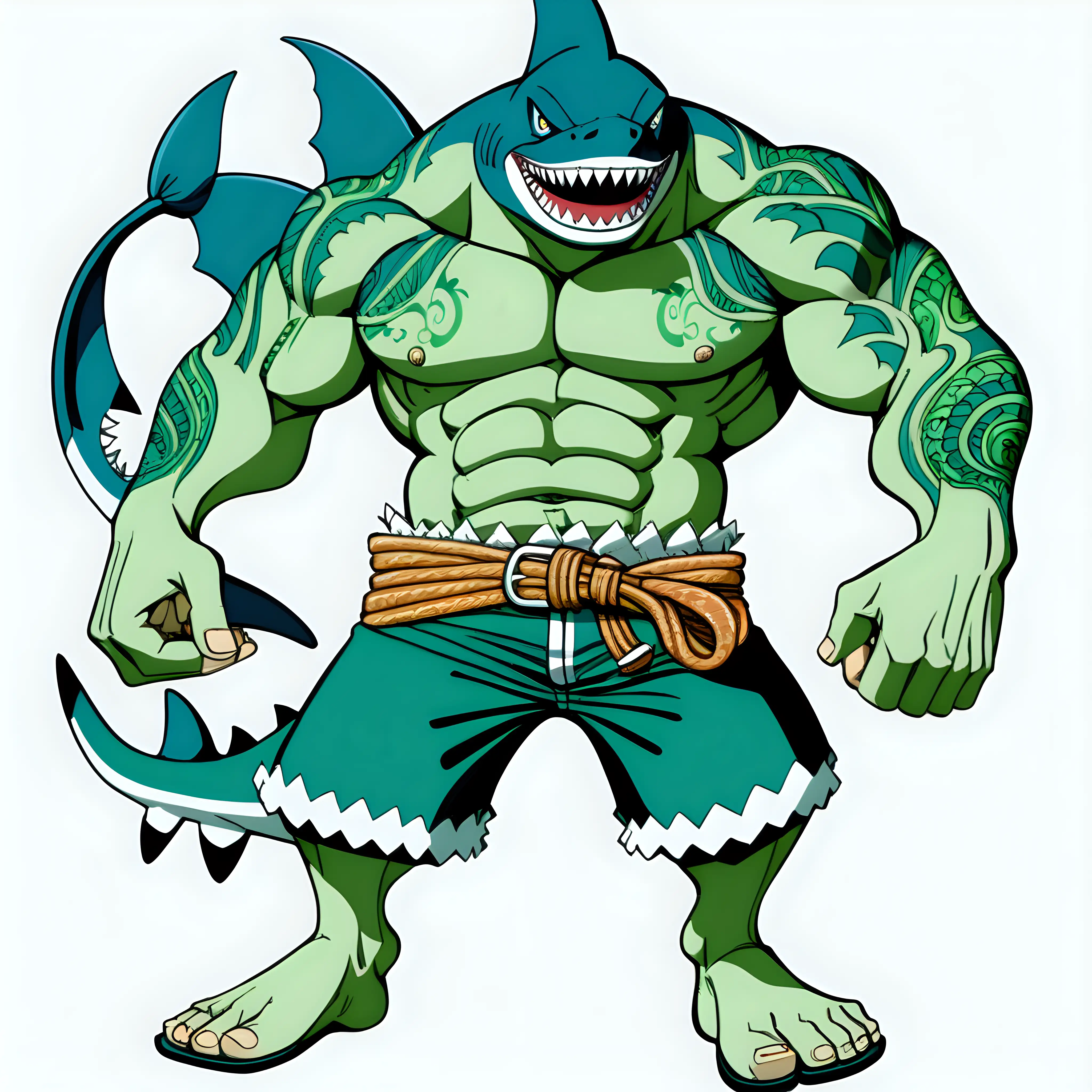 a shark fishman from one piece who has green skin, razor jaws, muscular physique, paddles, wears capri pants and sandals, one piece drawing style.